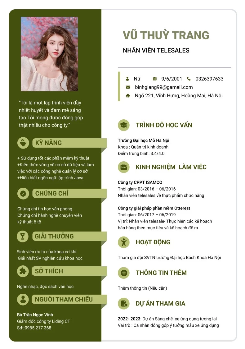 Mẫu CV telesales số 1