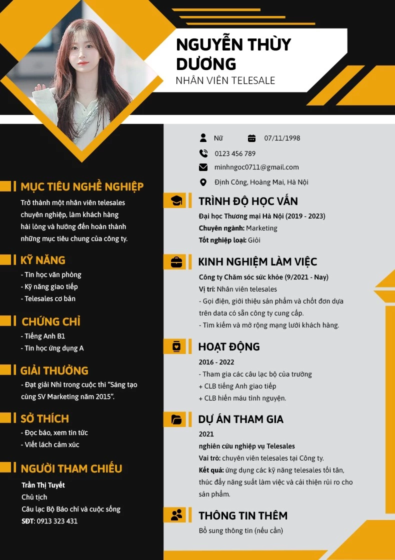 Mẫu CV telesales số 2