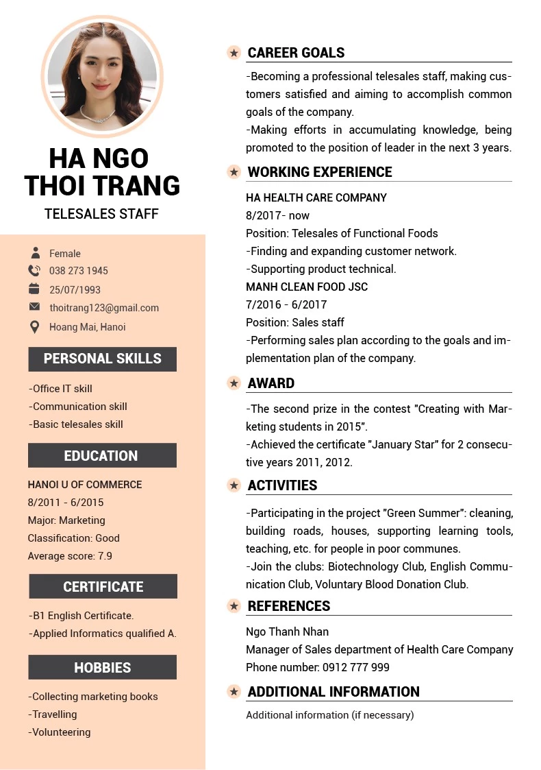 Mẫu CV telesales số 3