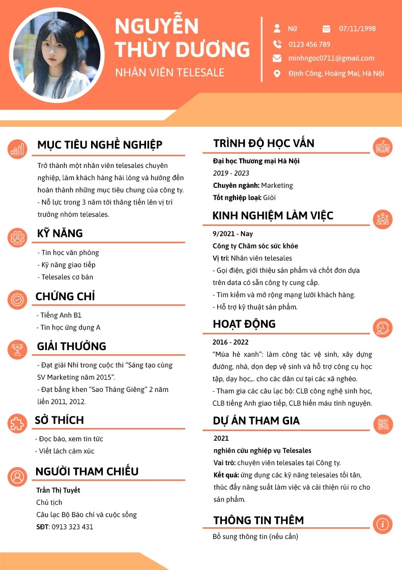 Mẫu CV telesales số 4