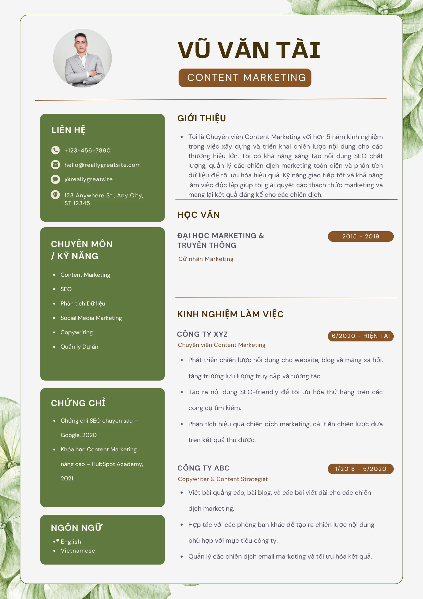 Mẫu CV Content Marketing cho Chuyên viên có kinh nghiệm
