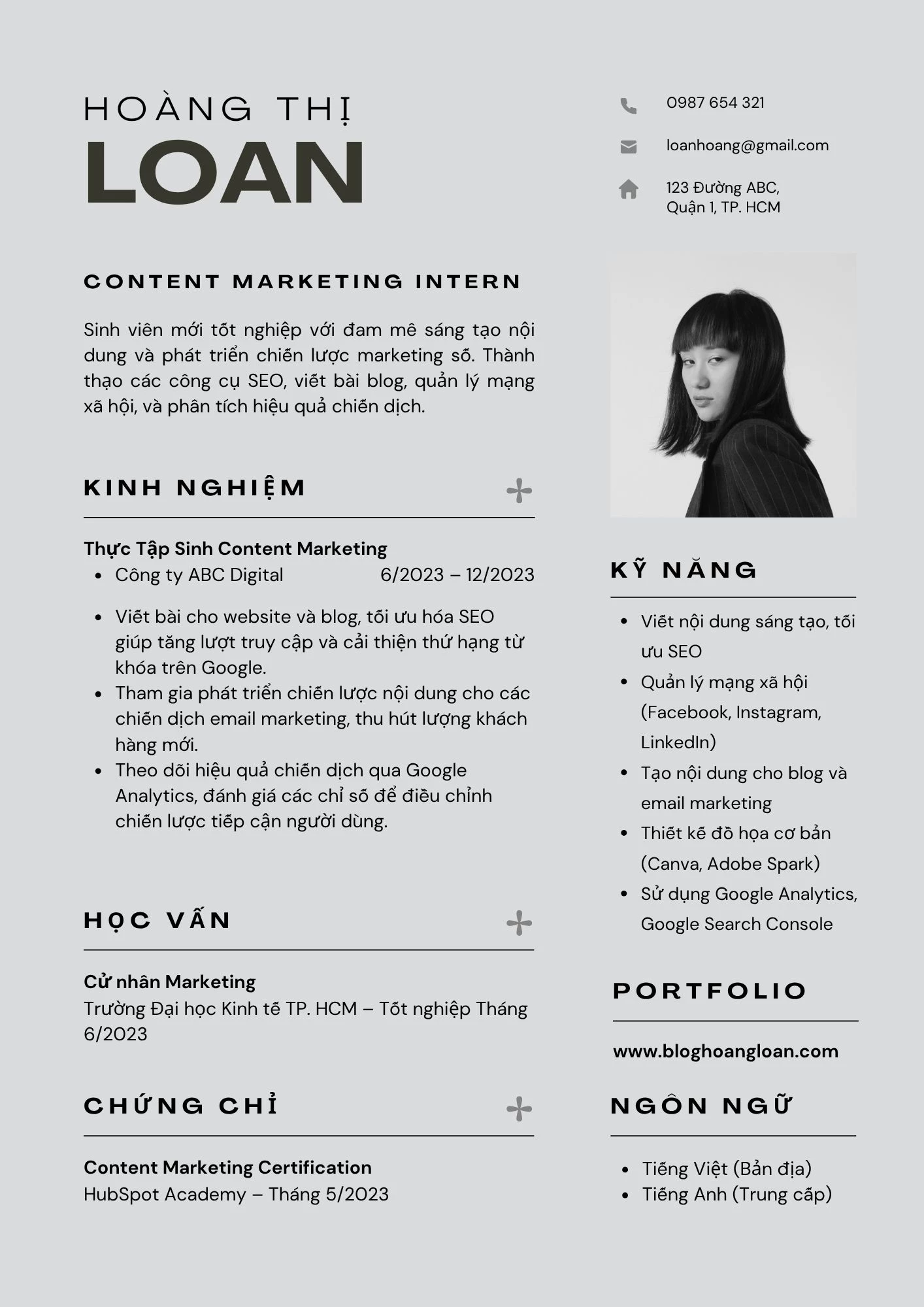 Mẫu CV Content Marketing cho Sinh viên/Fresher
