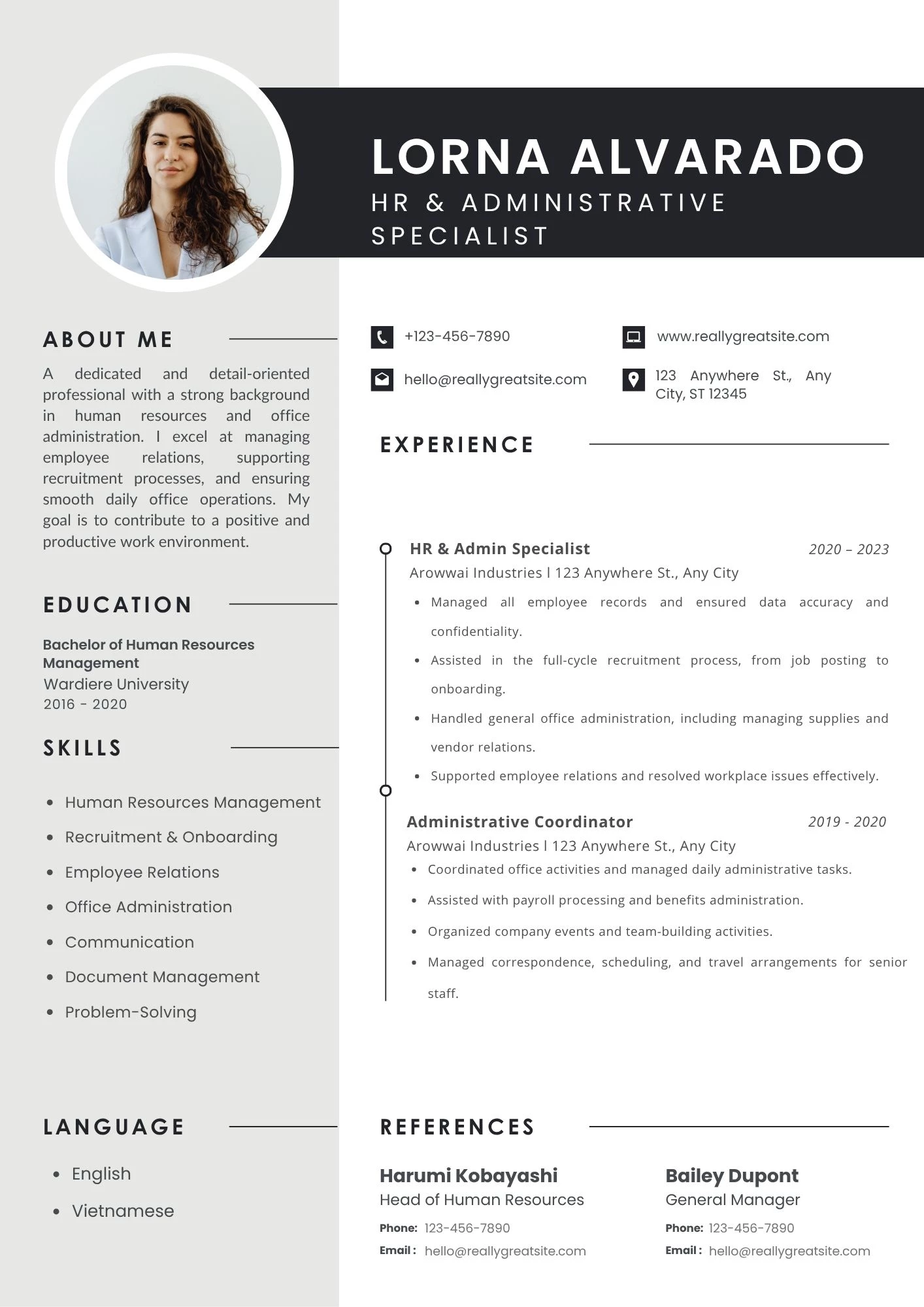 Mẫu CV hành chính nhân sự tiếng Anh