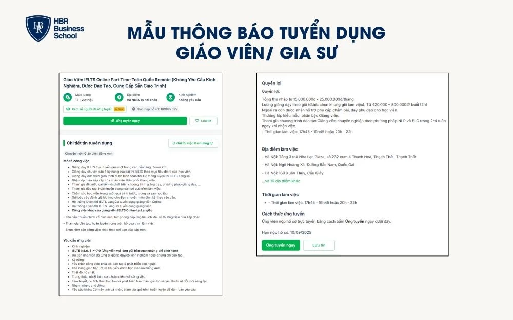 Mẫu thông báo tuyển dụng Giáo viên/ Gia sư