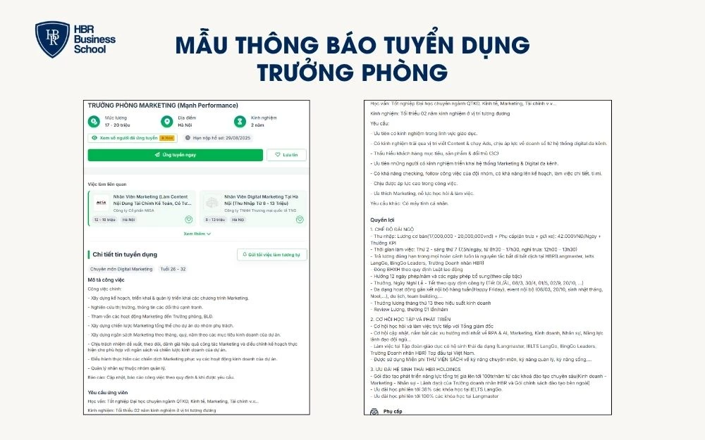 Mẫu thông báo tuyển dụng nhân sự - Trưởng phòng