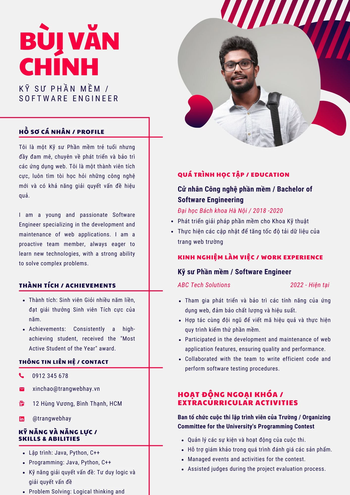 Mẫu CV song ngữ Anh Việt ngành Kỹ sư phần mềm
