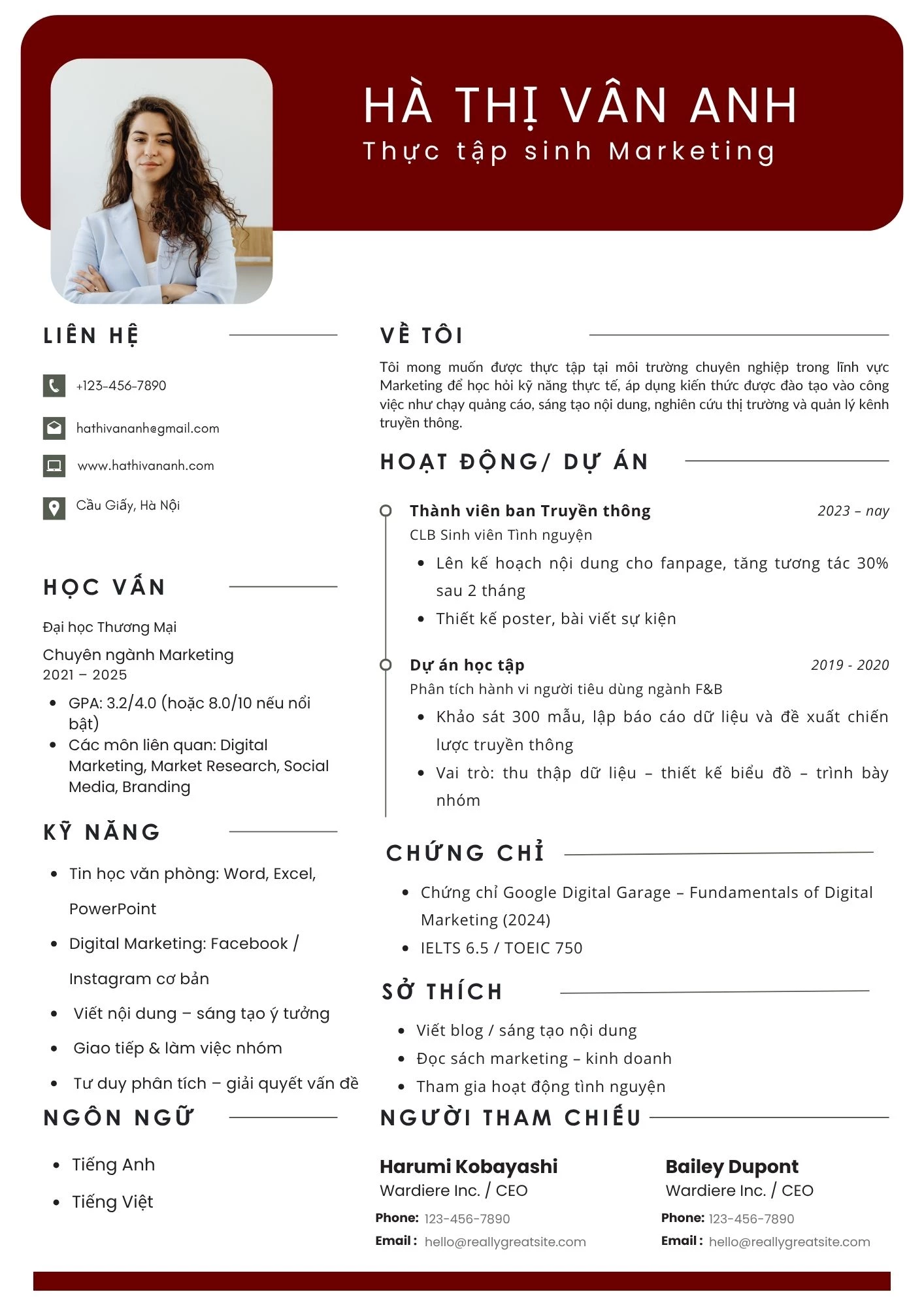 Mẫu CV xin thực tập chuẩn cho sinh viên chưa có kinh nghiệm