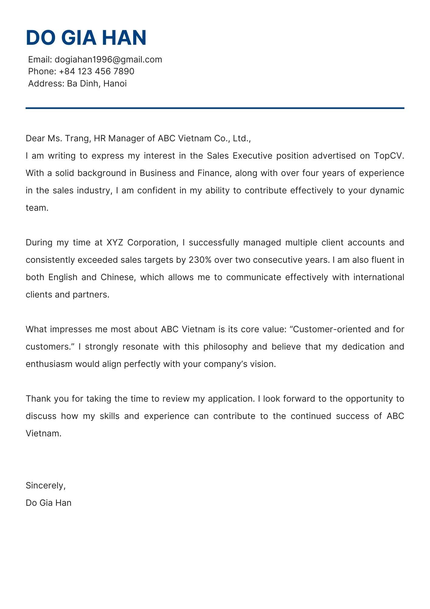 Mẫu Thư ứng tuyển vị trí Nhân viên Kinh doanh bằng tiếng Anh