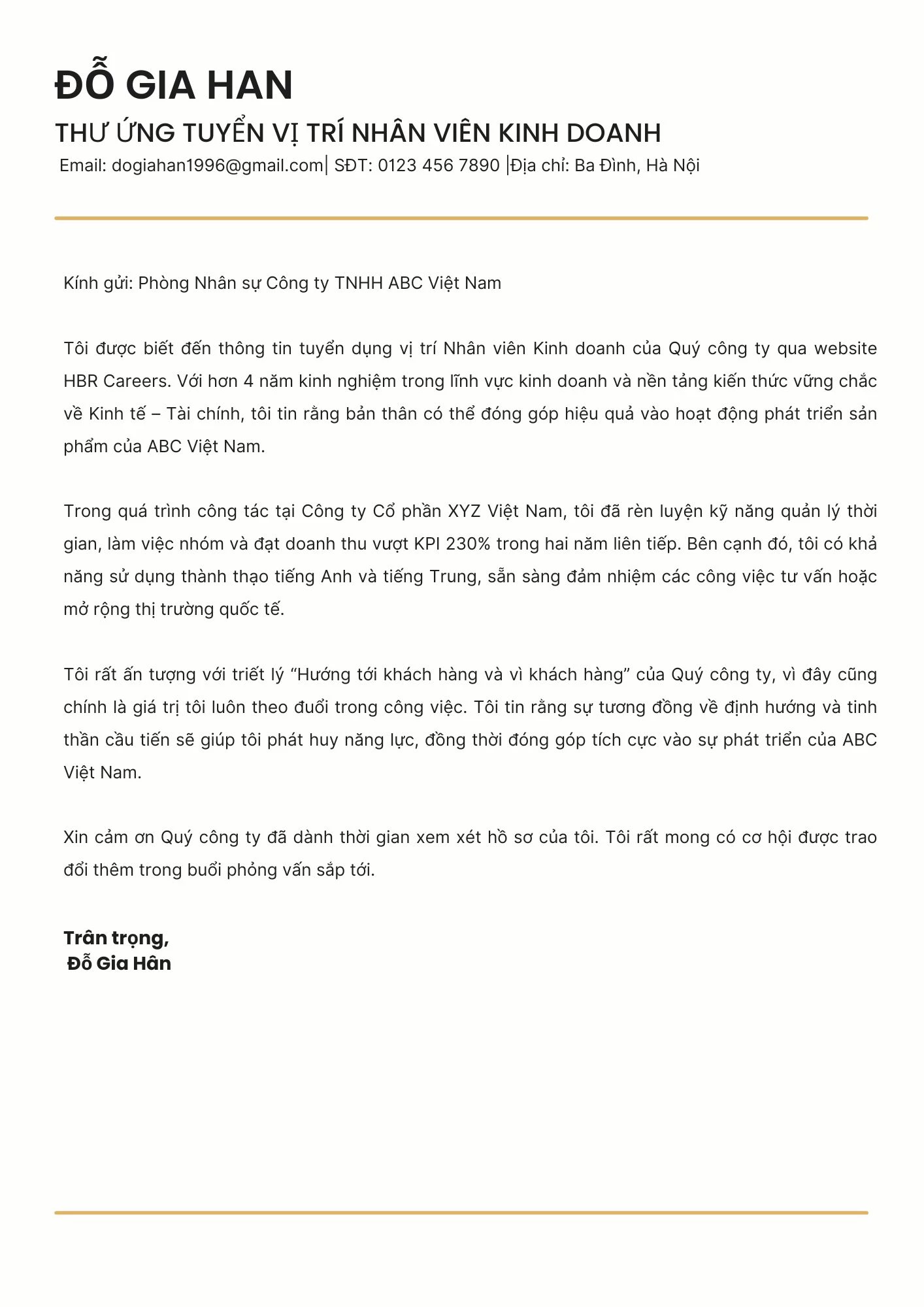 Mẫu Thư ứng tuyển vị trí Nhân viên Kinh doanh