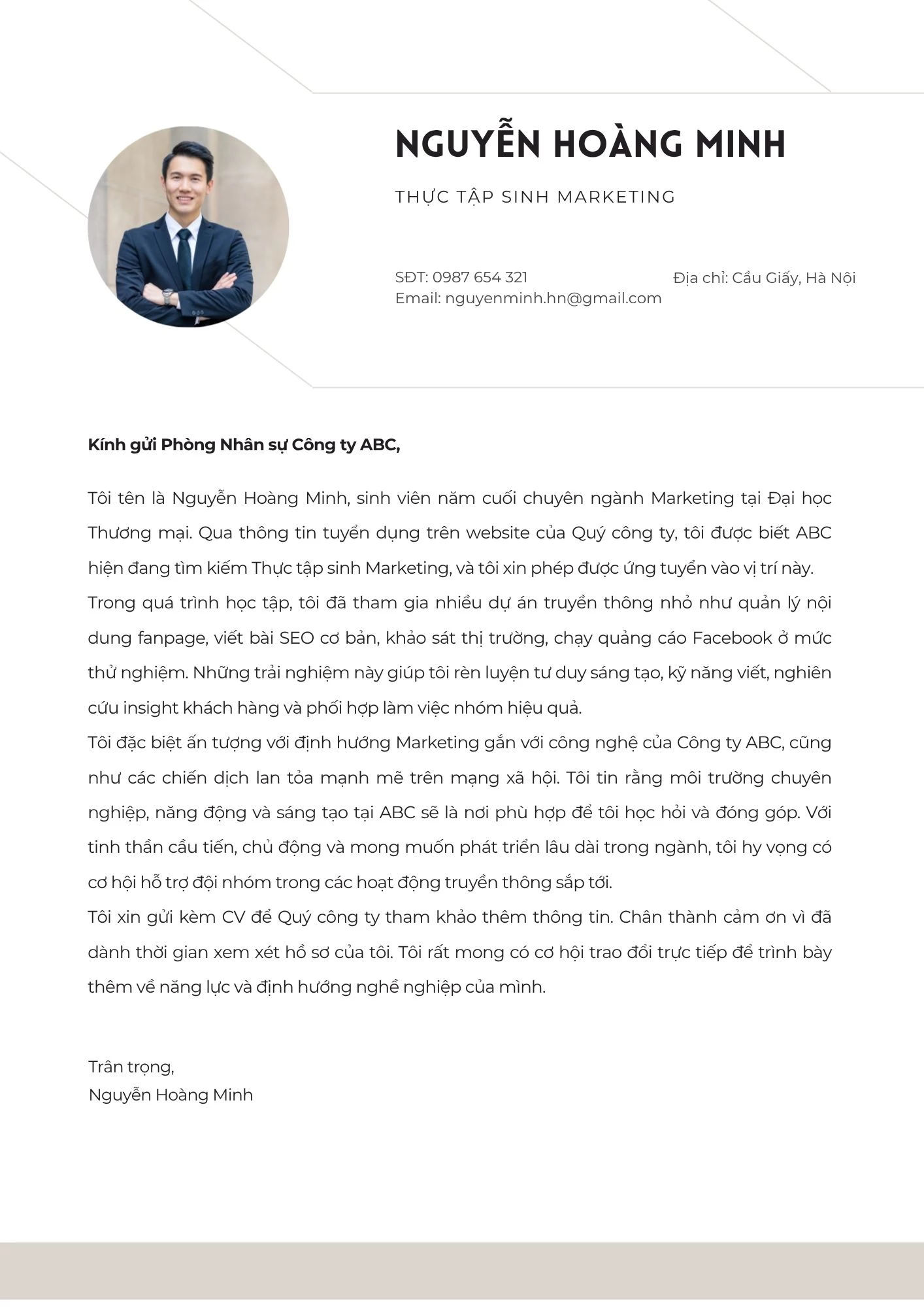 Mẫu Cover Letter thực tập sinh Marketing