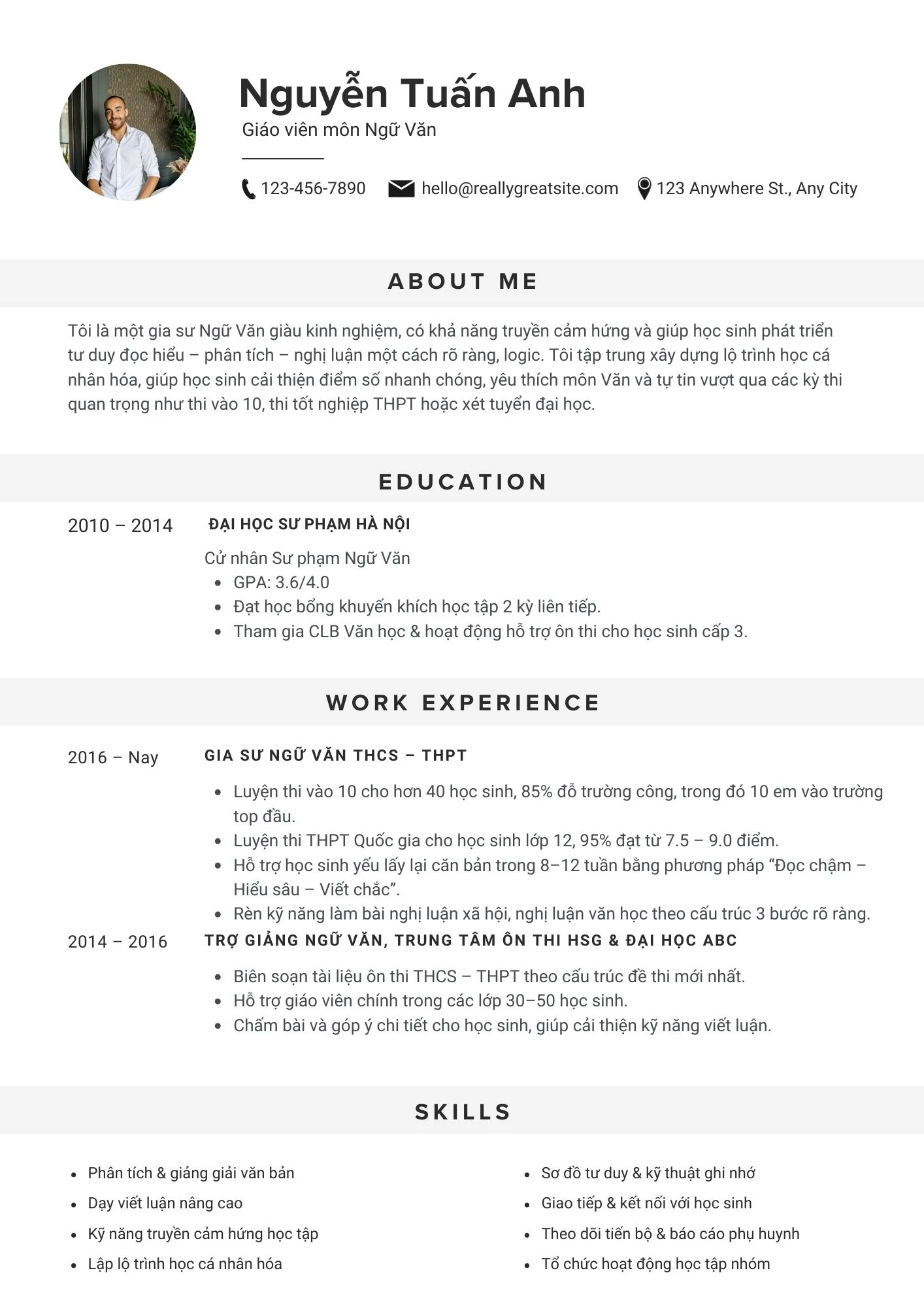 Mẫu CV gia sư dạy chuyên môn Văn