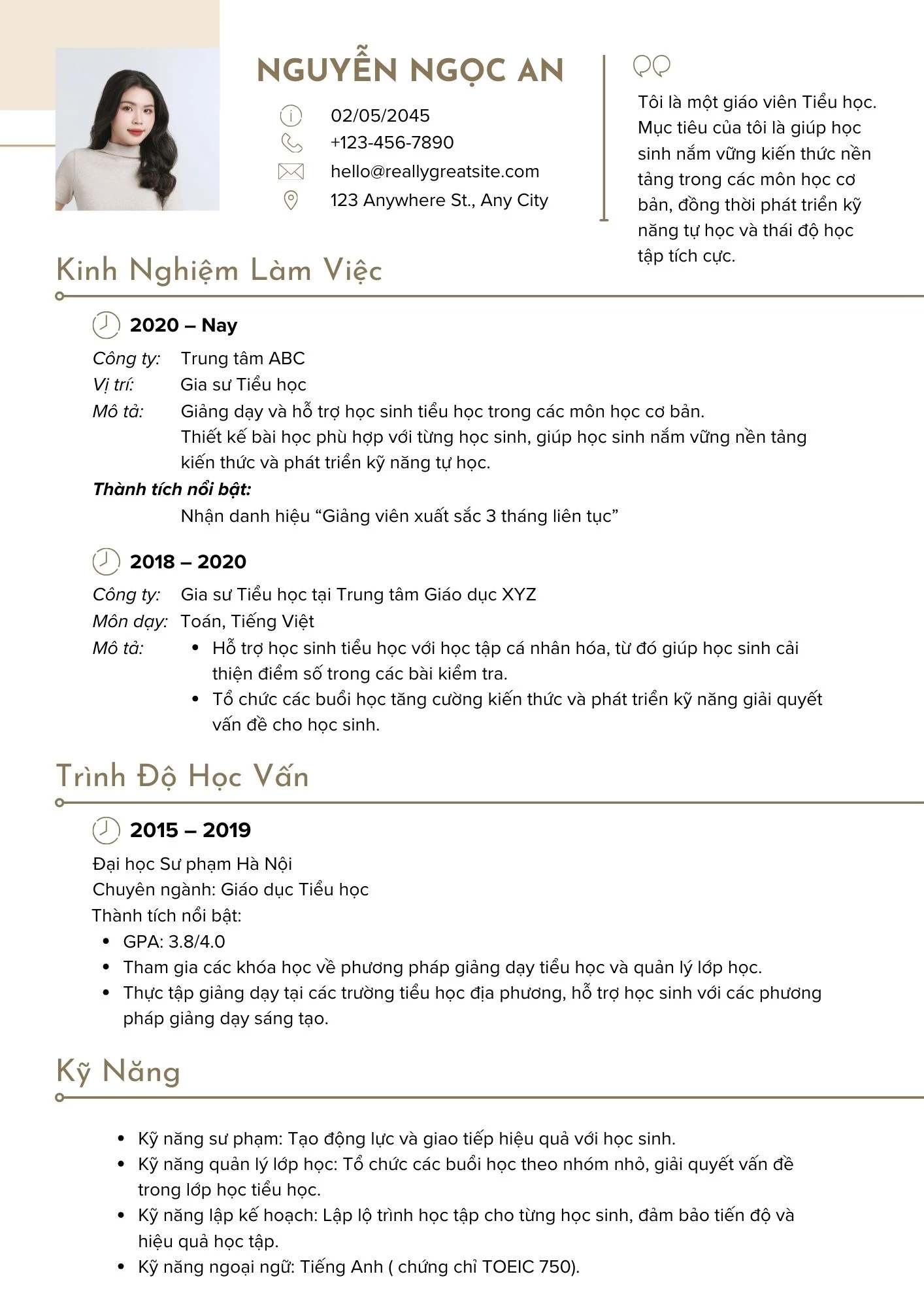 Mẫu CV gia sư tiểu học