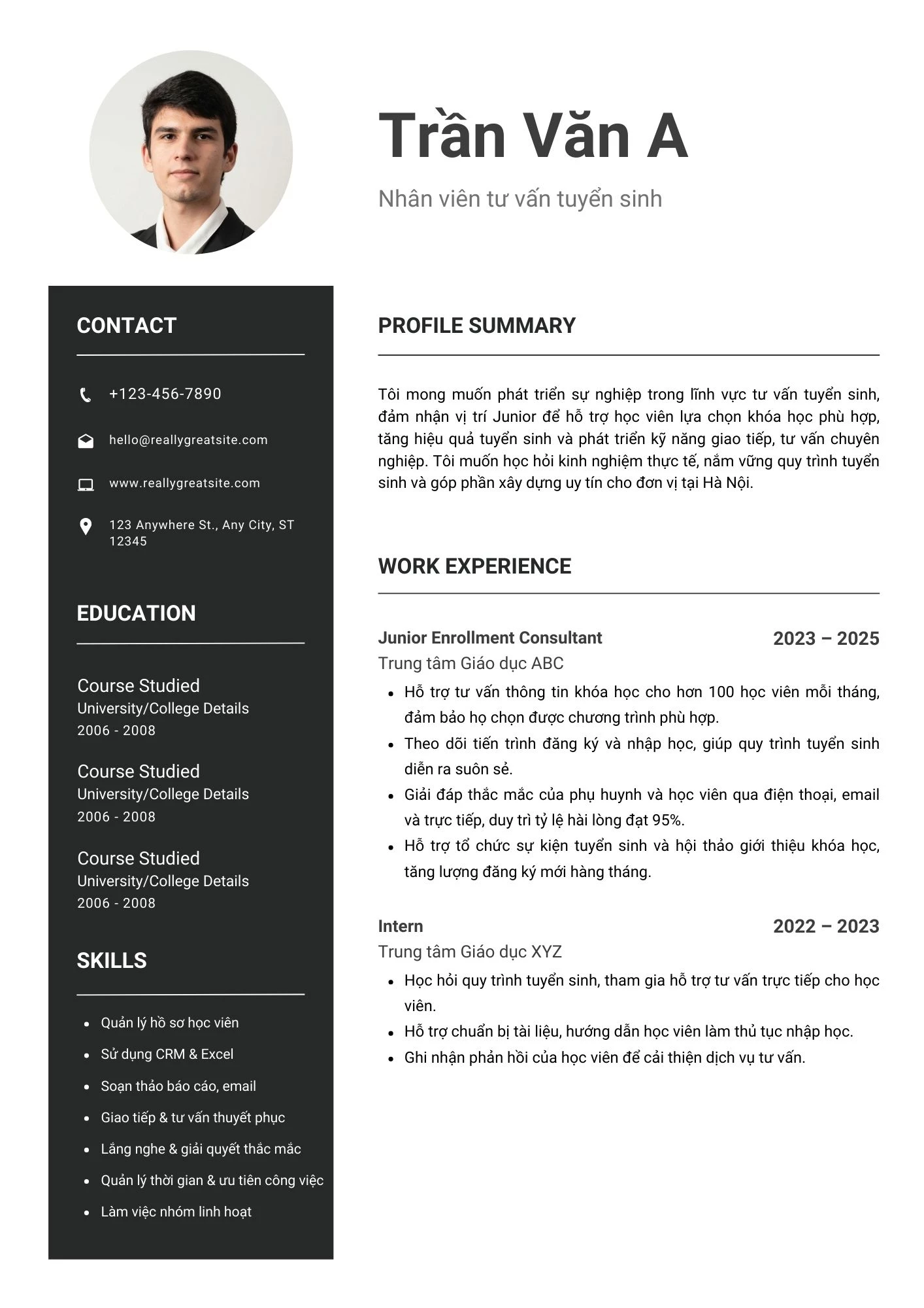 CV dành cho sinh viên ứng tuyển nhân viên Tư vấn tuyển sinh