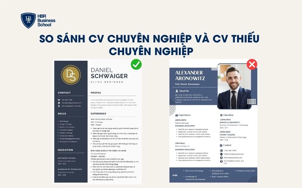 Bên phải là CV thiếu chuyên nghiệp, dễ gây mất thiện cảm ngay từ vòng lọc hồ sơ