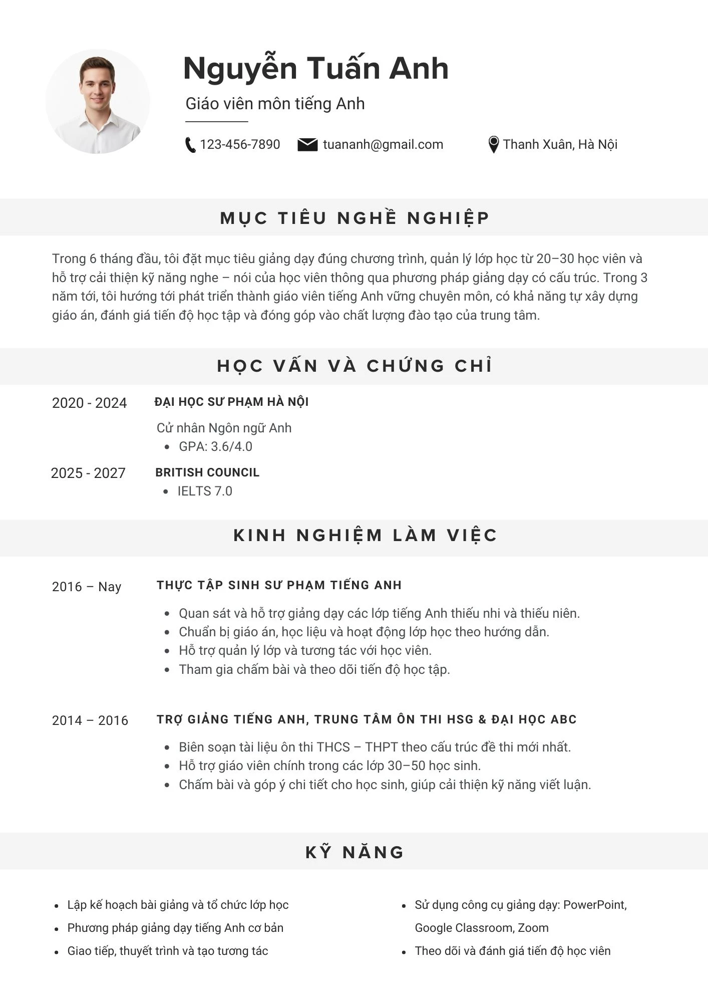 Mẫu CV dành cho giáo viên môn tiếng Anh