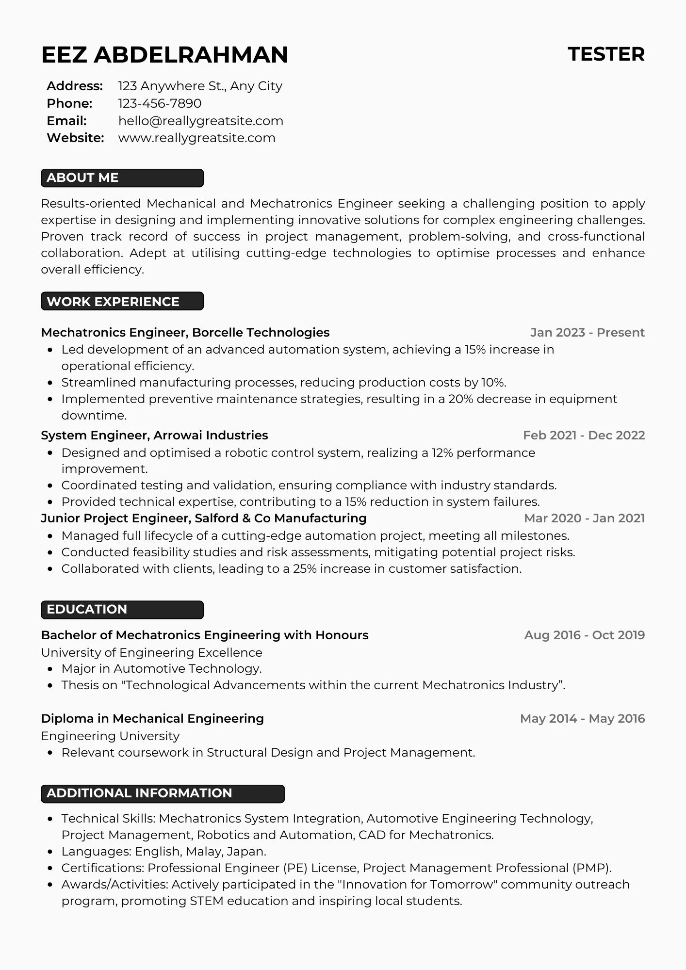 Mẫu CV IT dành cho Tester