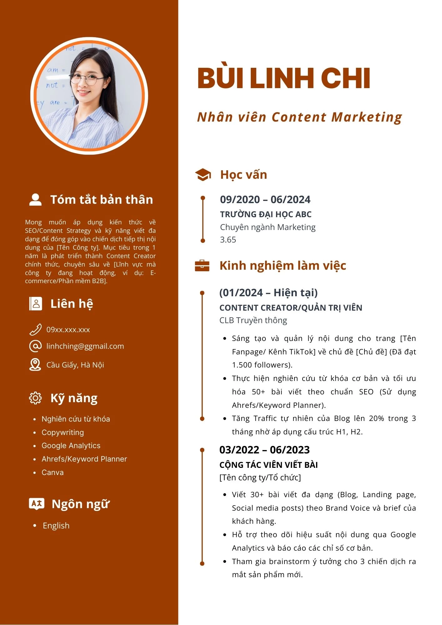 Mẫu CV dành cho ngành Marketing và Truyền thông