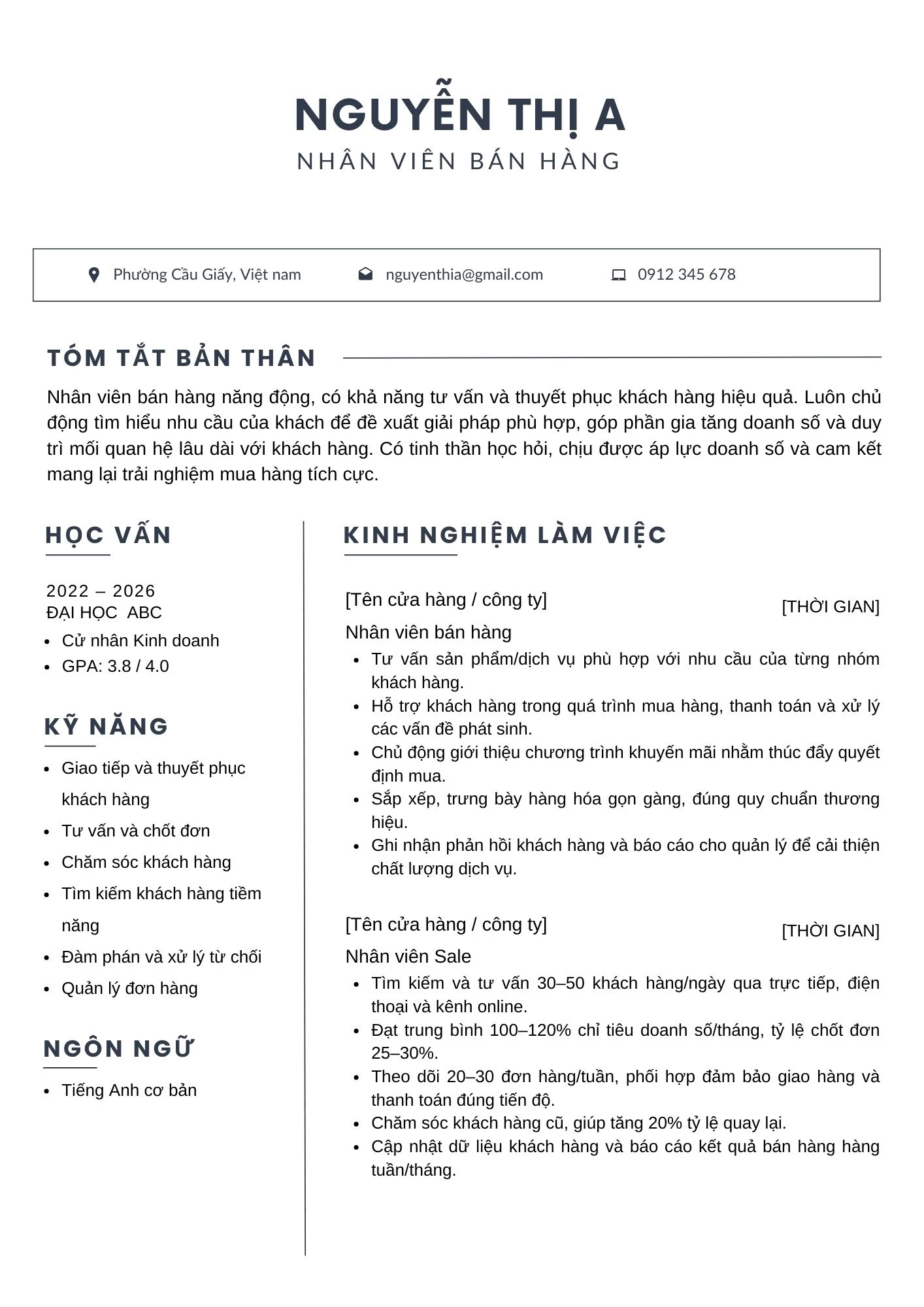 CV nhân viên bán hàng dành được trình bày tối giản