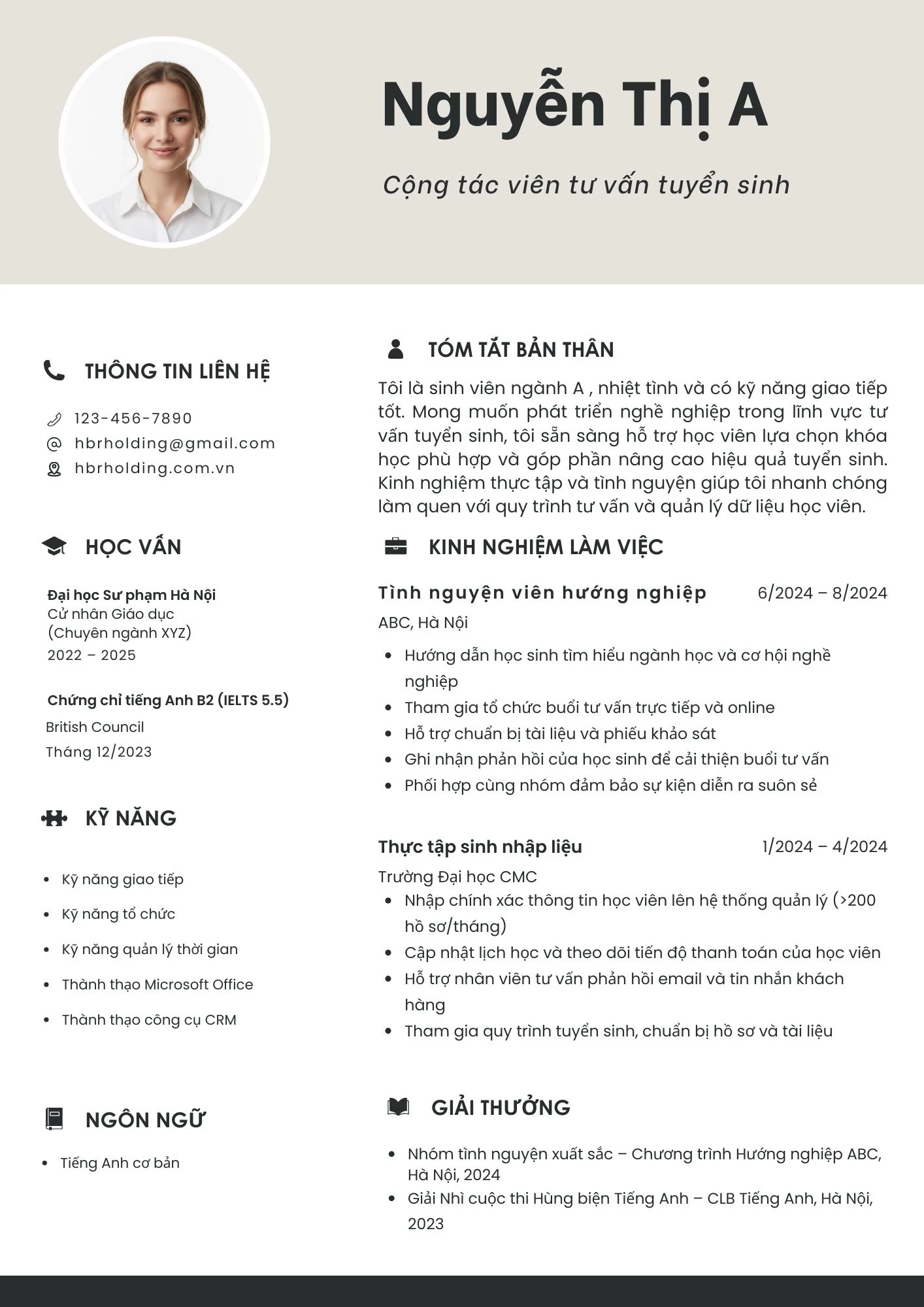 CV phù hợp với vị trí Cộng tác viên tư vấn tuyển sinh