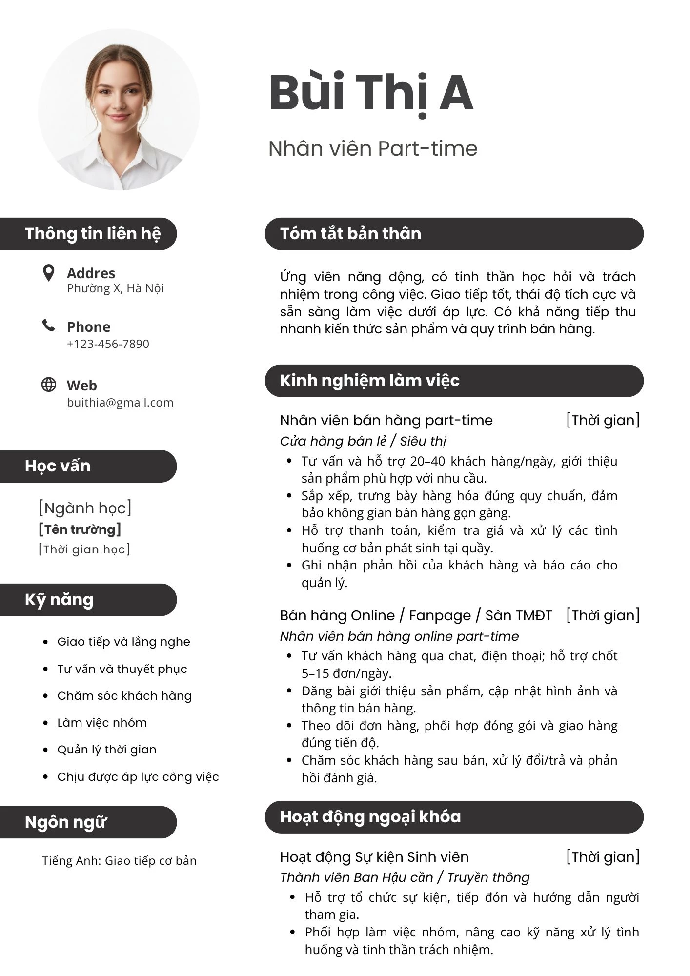 Mẫu CV cho sinh viên năm nhất xin thực tập