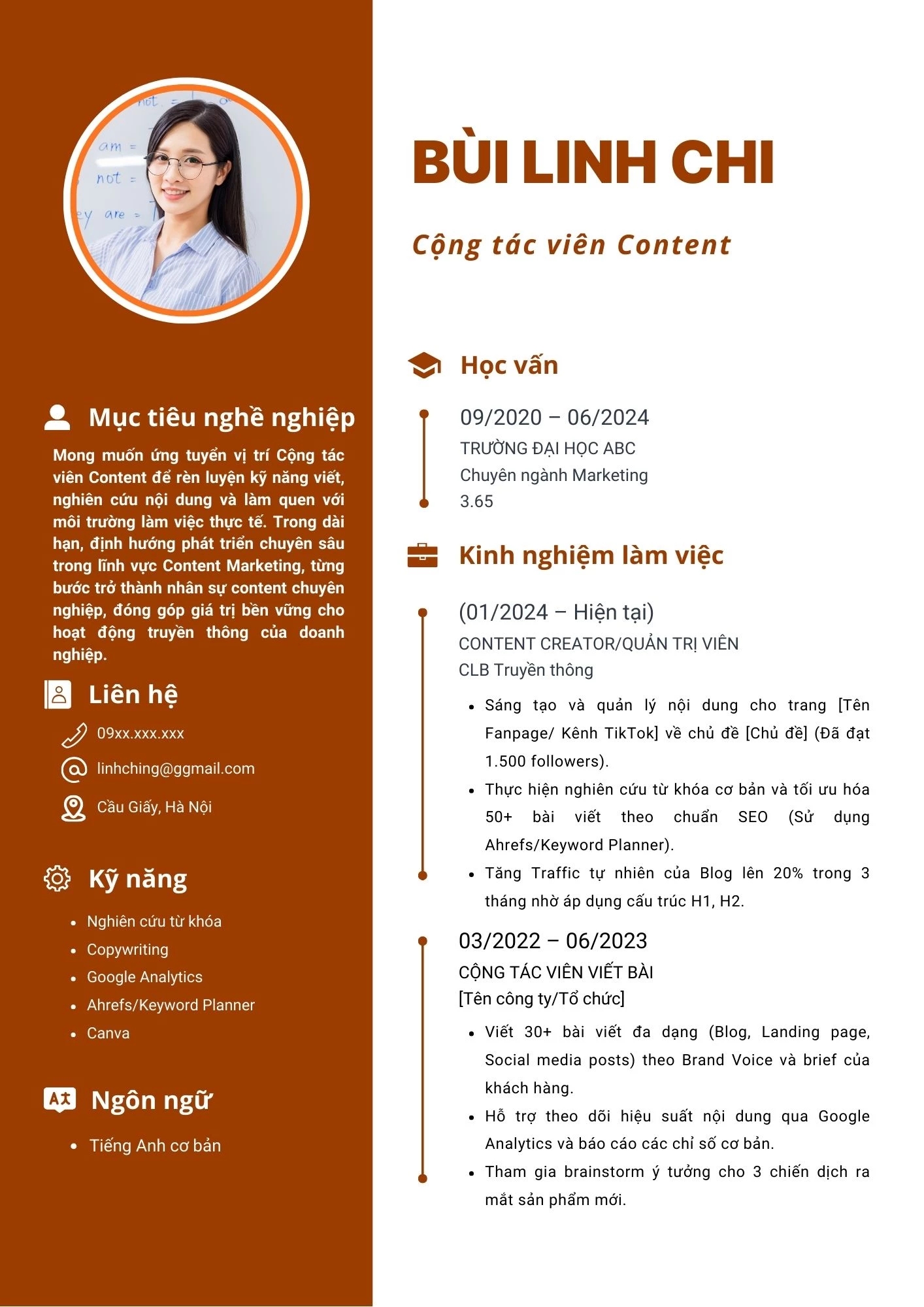 Mẫu CV cho sinh viên năm nhất xin việc cộng tác viên Content Marketing