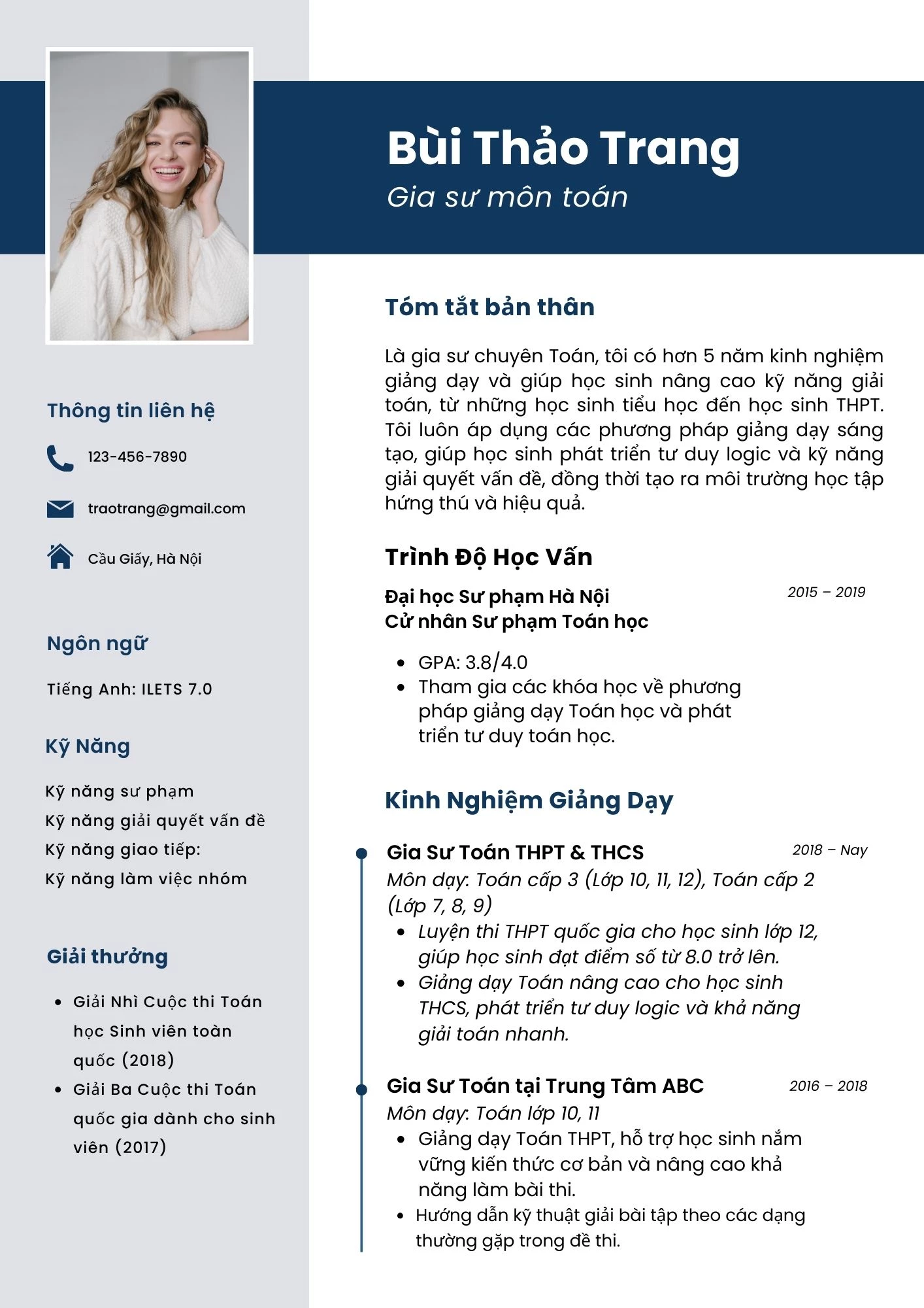 Mẫu CV cho sinh viên năm nhất xin việc gia sư môn Toán