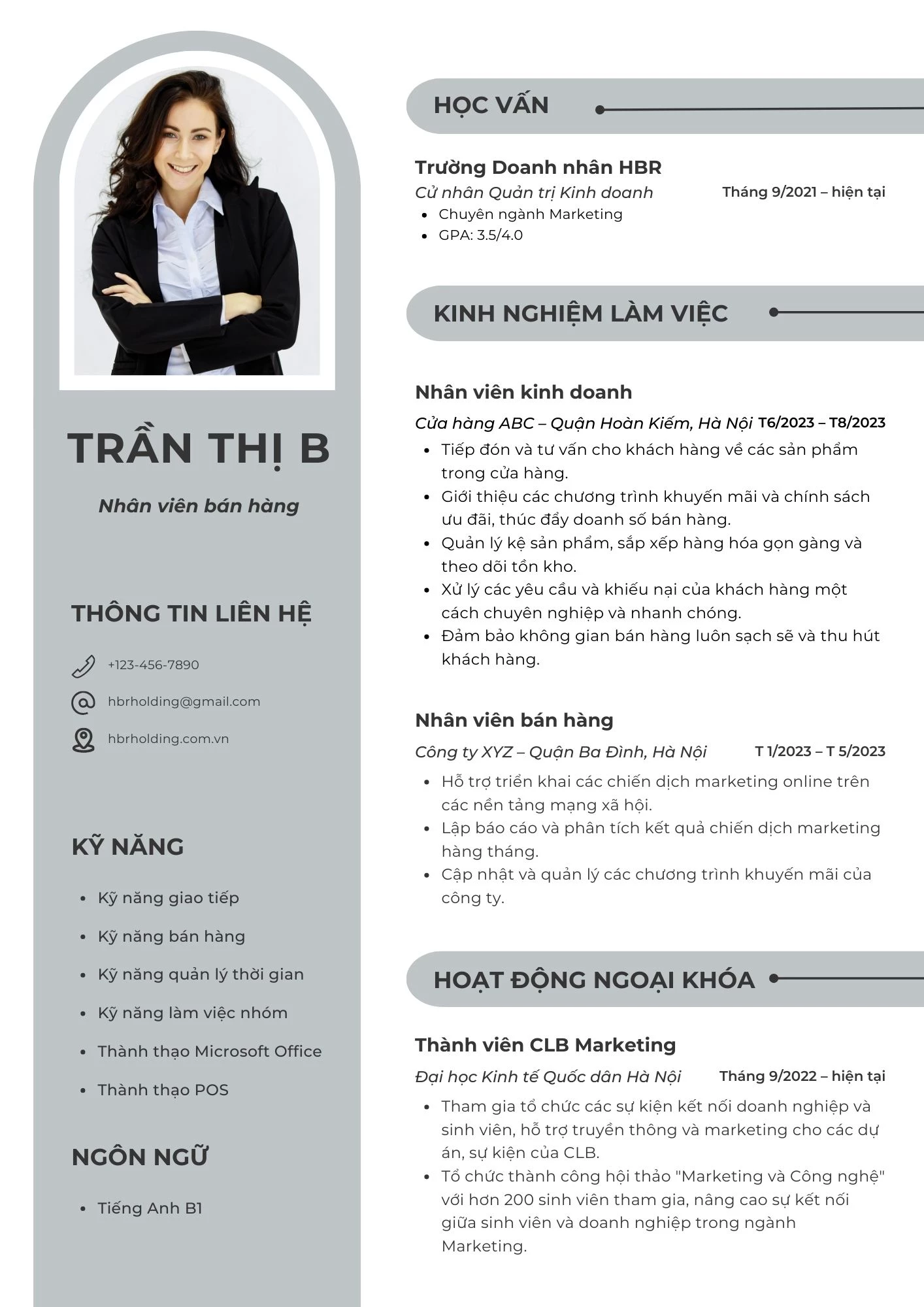 Mẫu CV cho sinh viên năm nhất xin việc nhân viên bán hàng