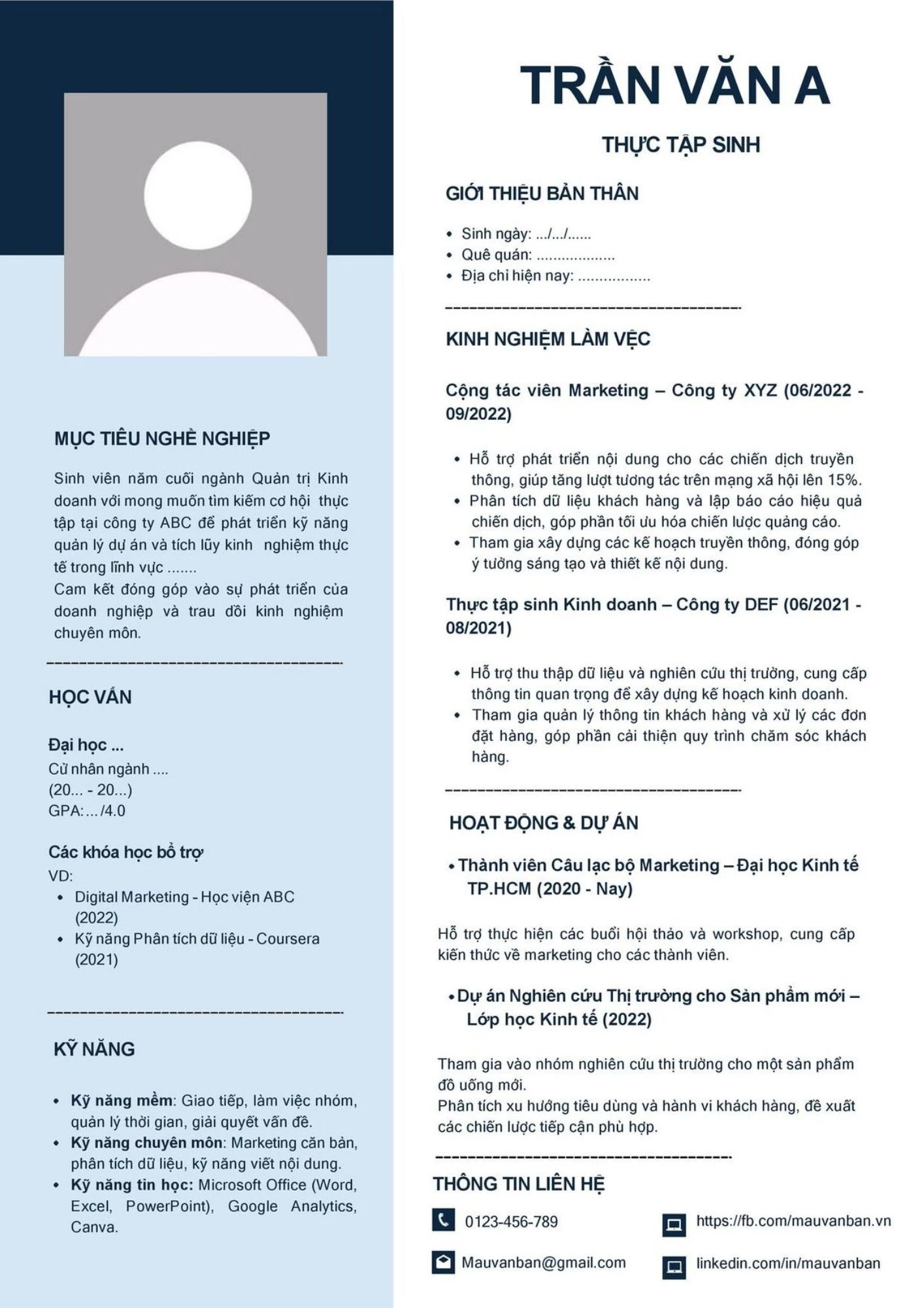 Mẫu CV cho tân sinh viên xin việc vị trí cộng tác viên Content Marketing