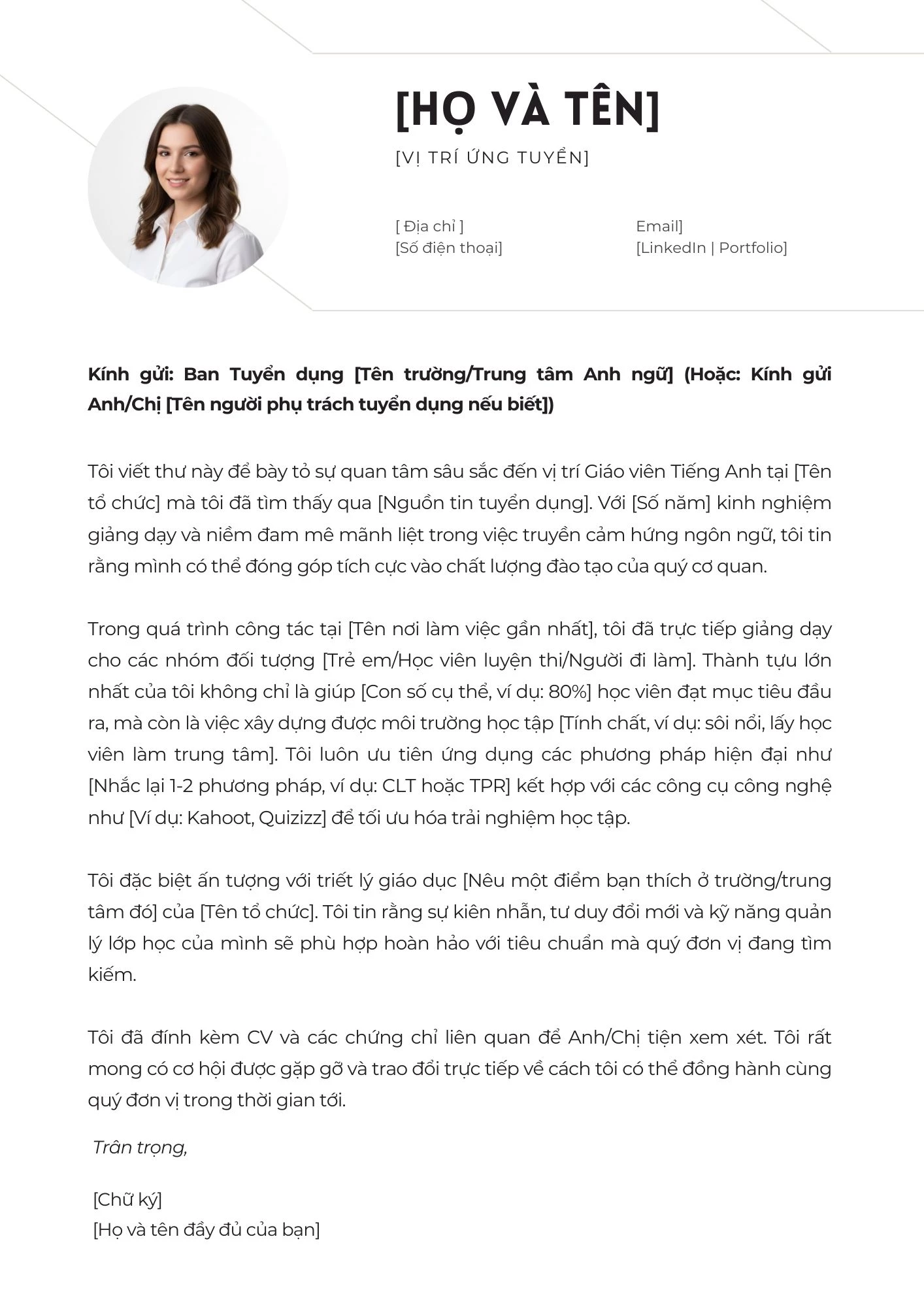 Cover letter giáo viên tiếng Anh rõ ràng, thuyết phục nhà tuyển dụng