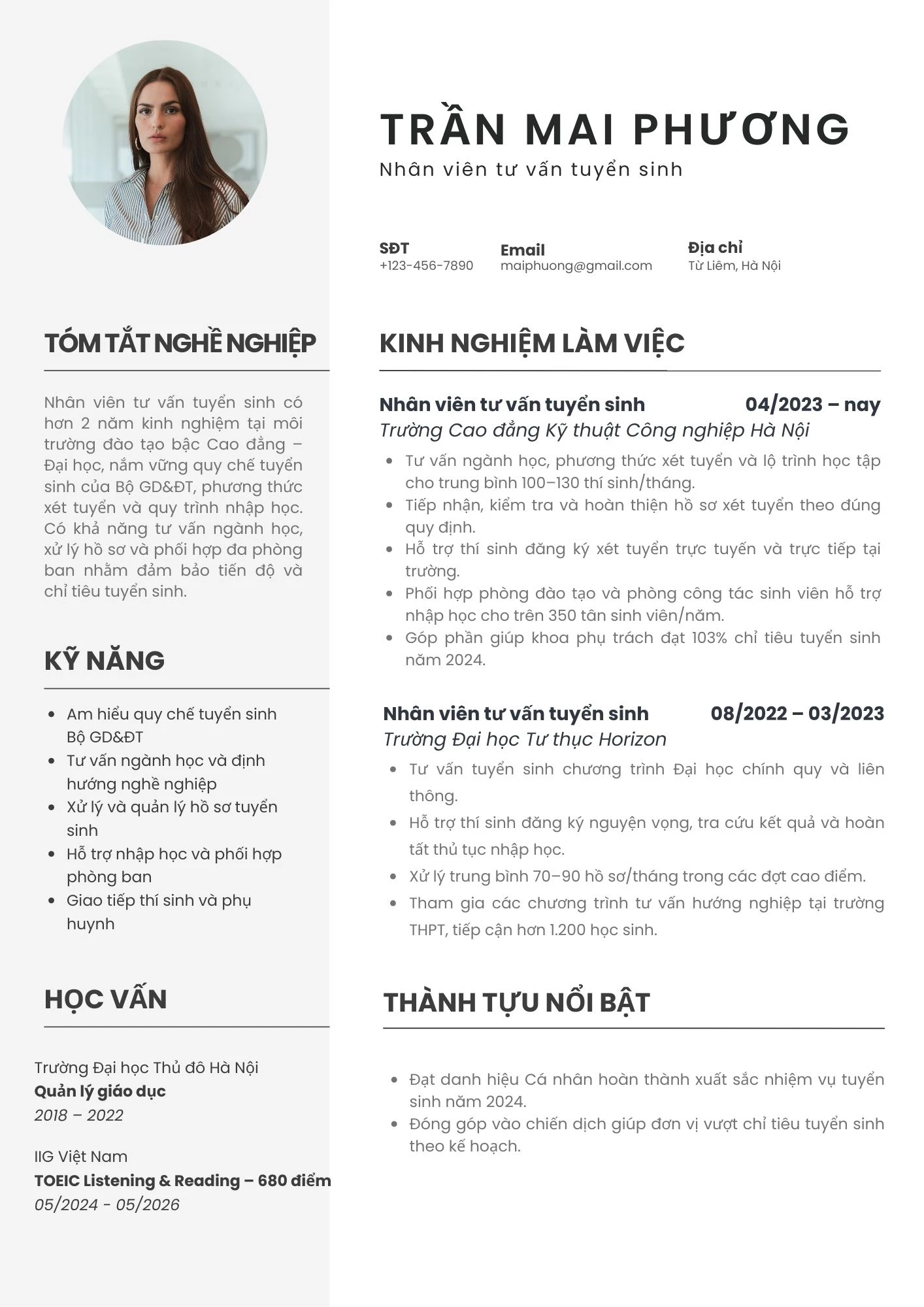 CV mẫu cho vị trí tư vấn tuyển sinh tại Trường Cao đẳng, Đại học.