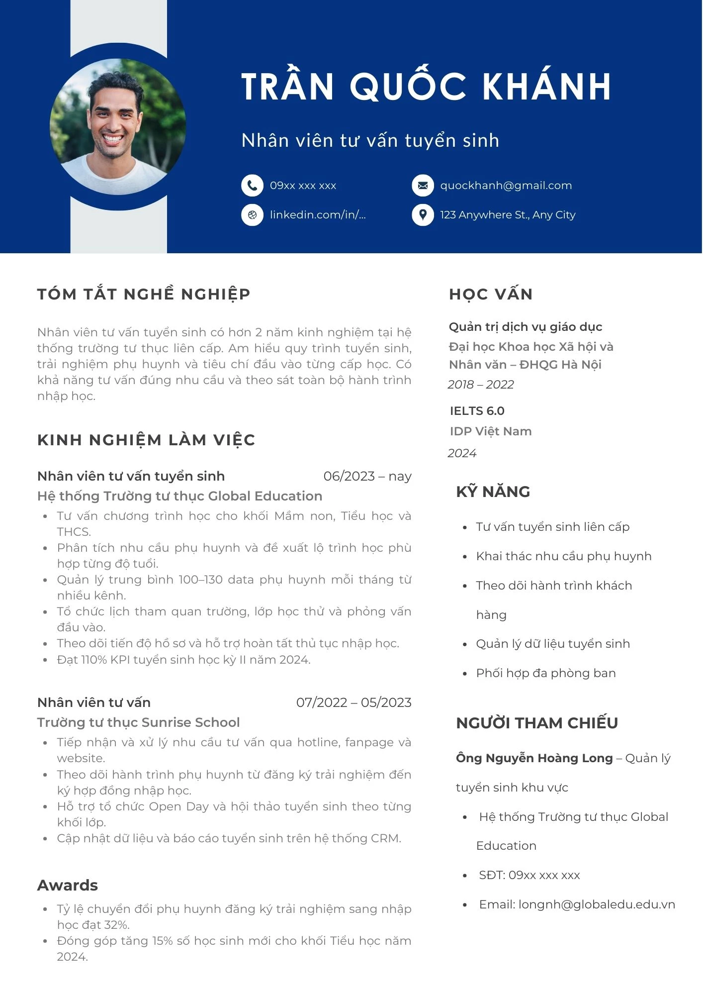 CV nhân viên tư vấn tuyển sinh được sắp xếp nội dung khoa học