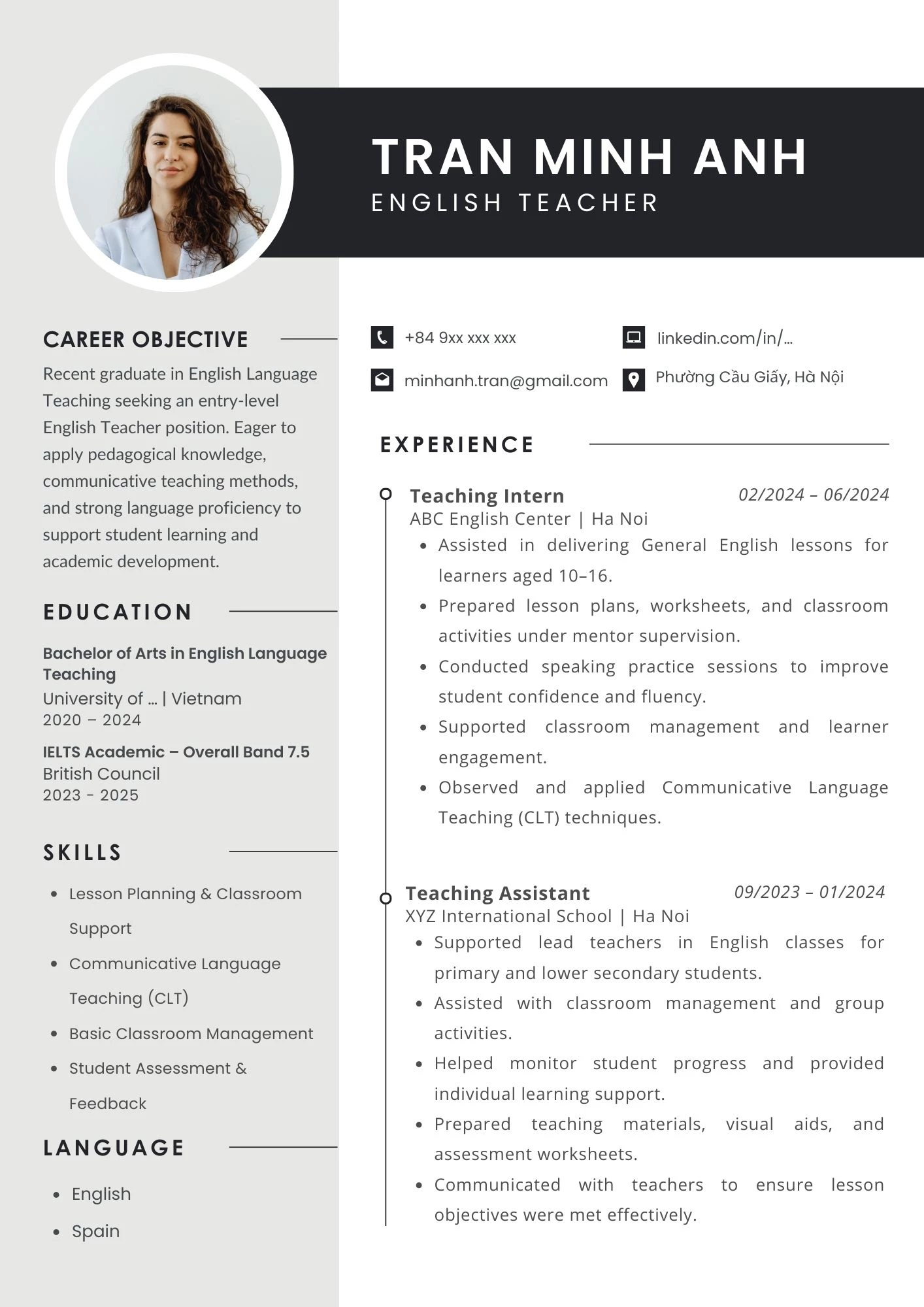 Mẫu CV cho giáo viên tiếng Anh dành cho fresher