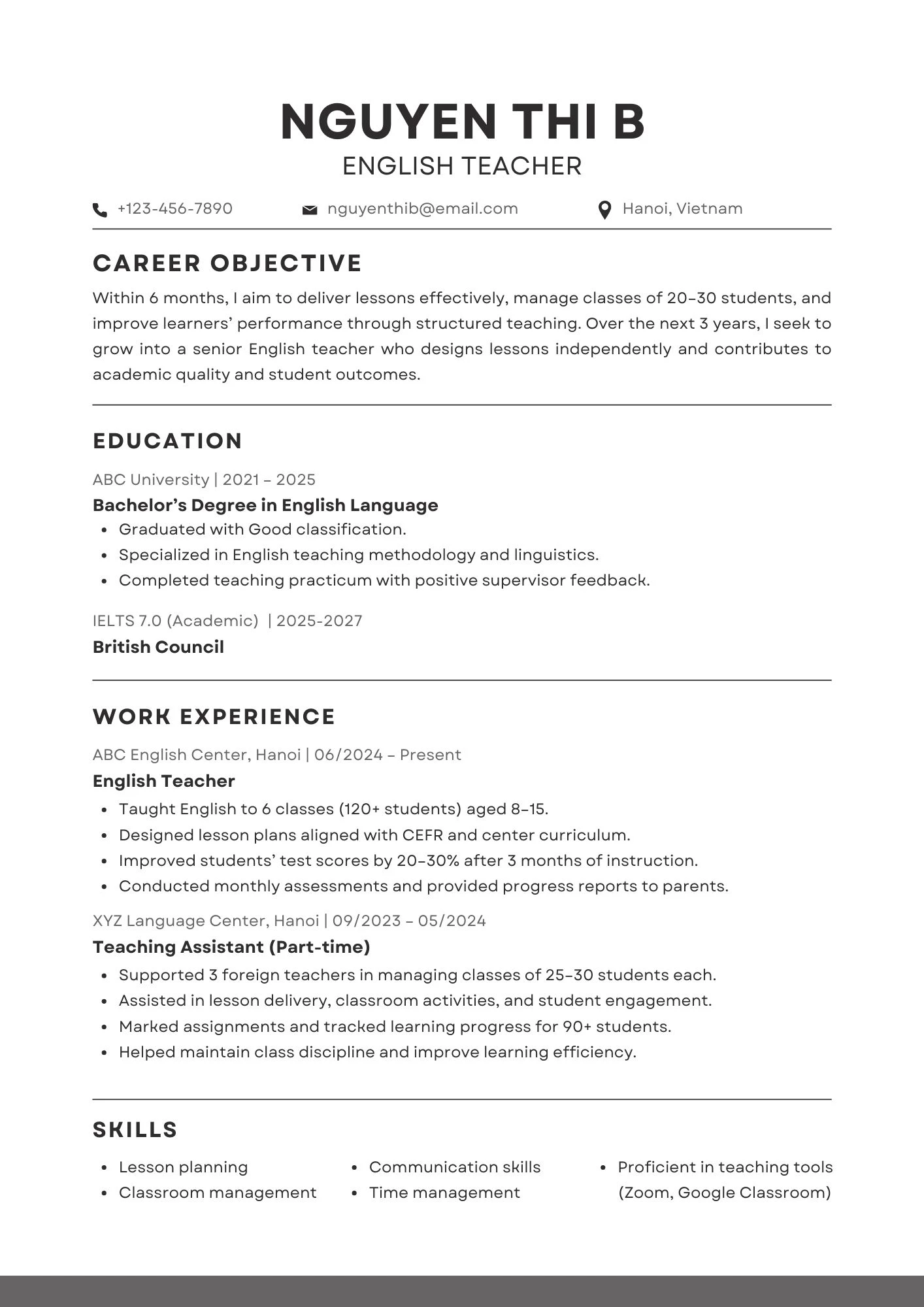 Mẫu CV giáo viên tiếng Anh bằng tiếng Anh chuẩn quốc tế