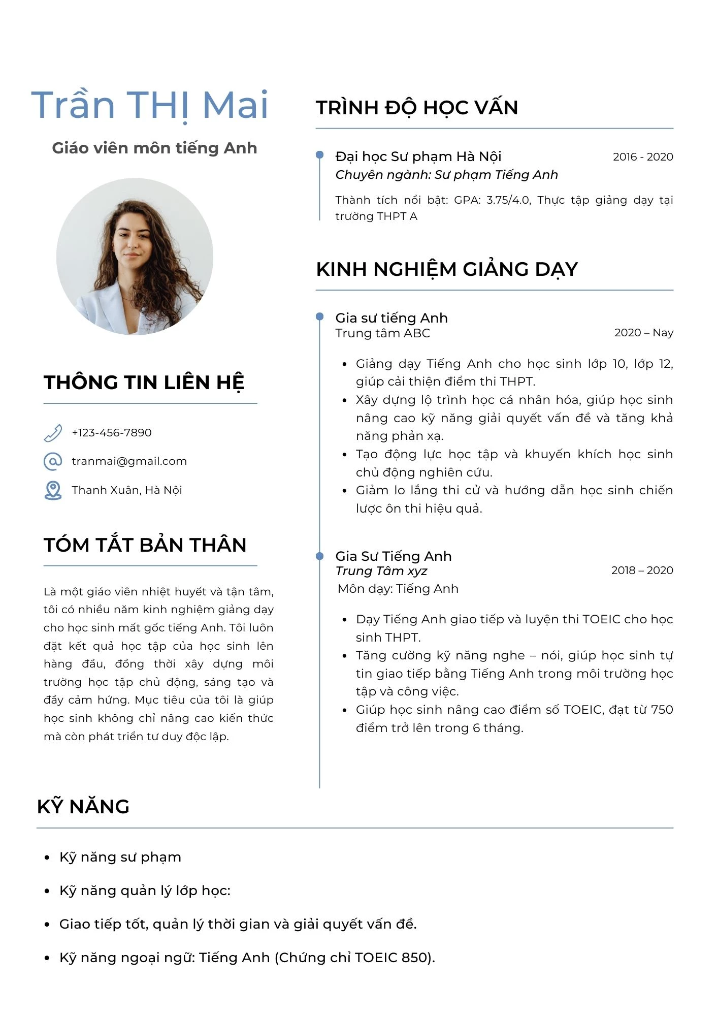 Mẫu CV giáo viên tiếng Anh ứng tuyển trung tâm ngoại ngữ