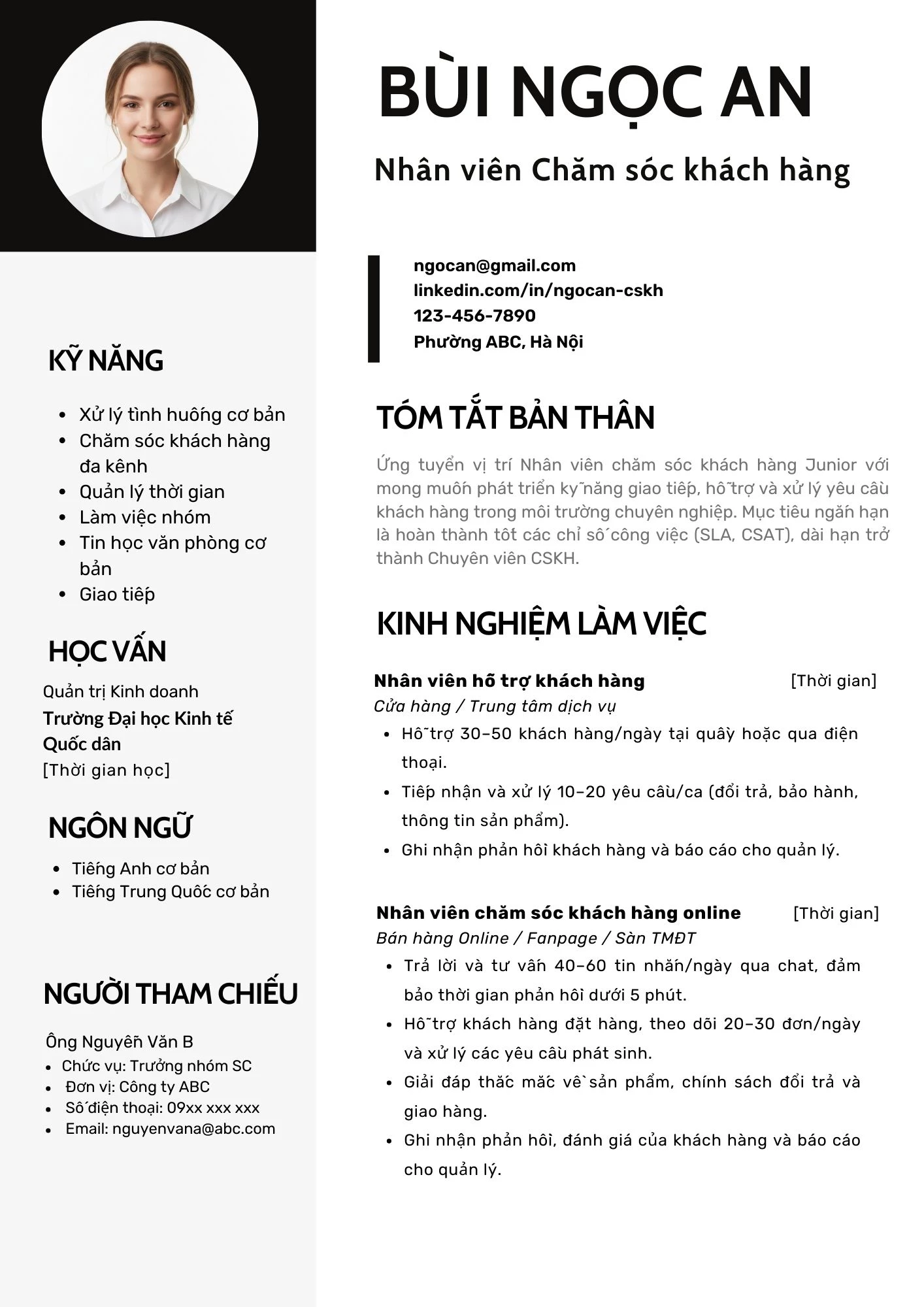 Mẫu CV dành cho nhân viên CSKH dưới 3 năm kinh nghiệm