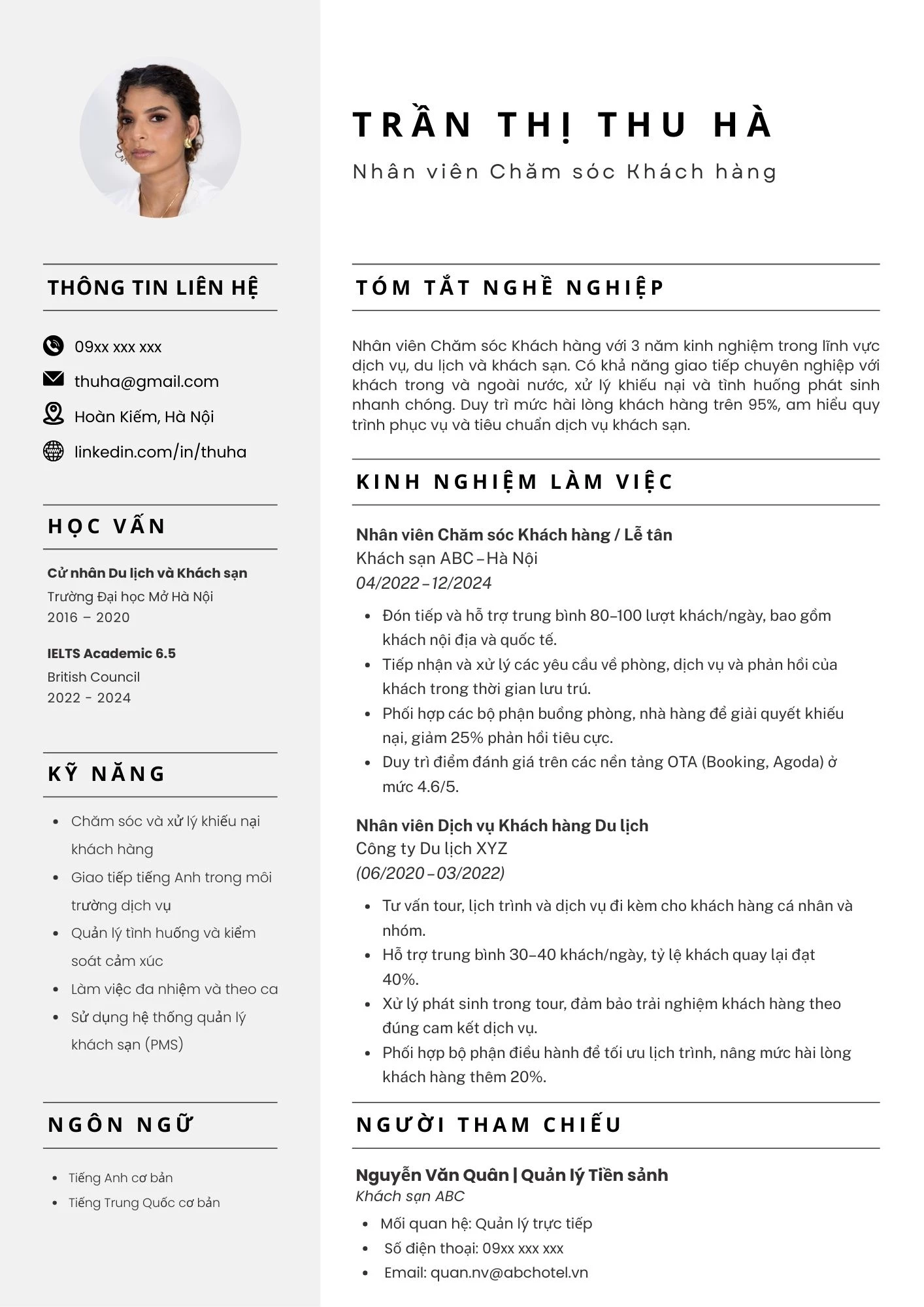 Mẫu CV nhân viên CSKH ngành Dịch vụ - Du lịch - Khách sạn