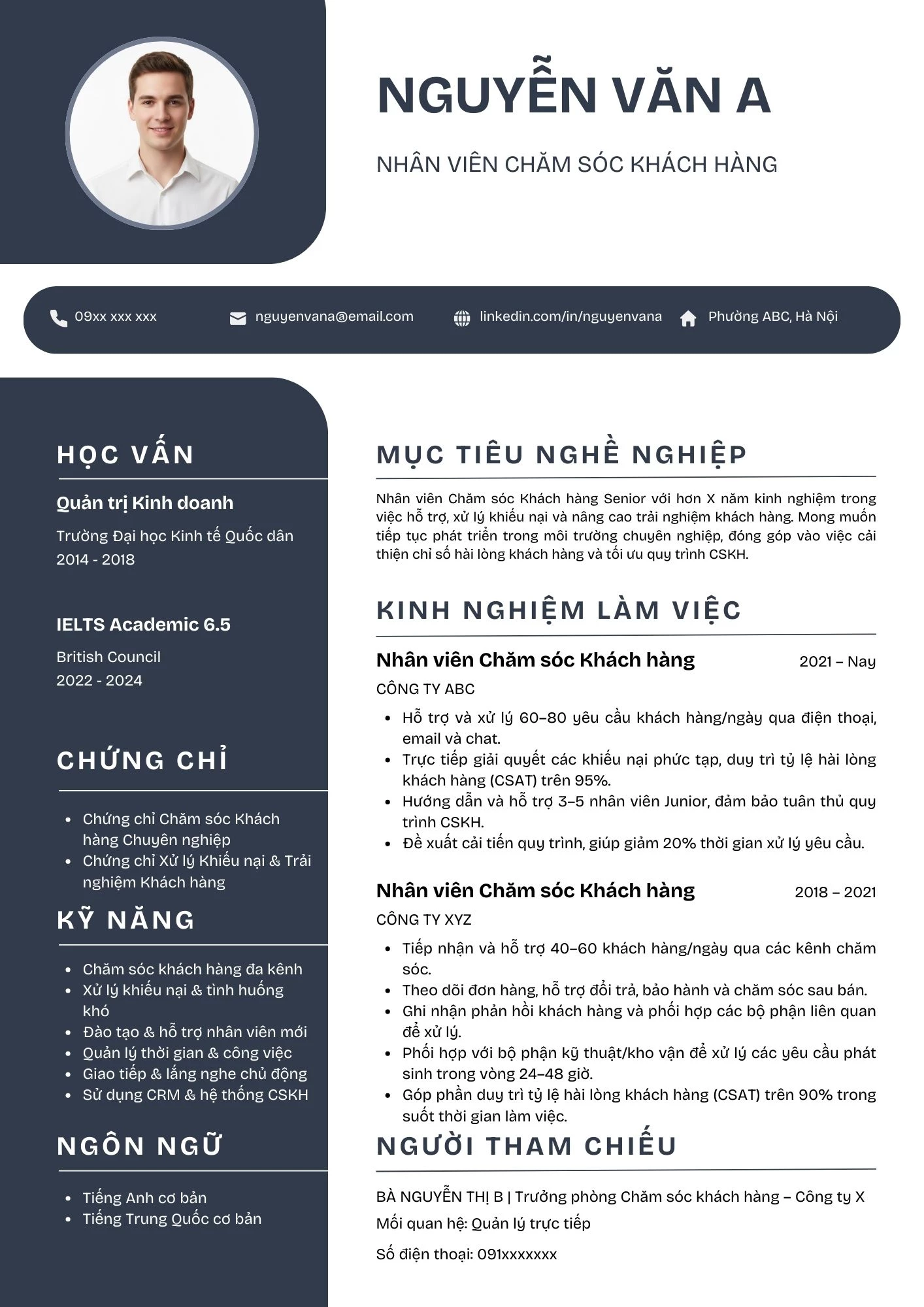 Mẫu CV dành cho nhân viên CSKH trên 3 năm kinh nghiệm