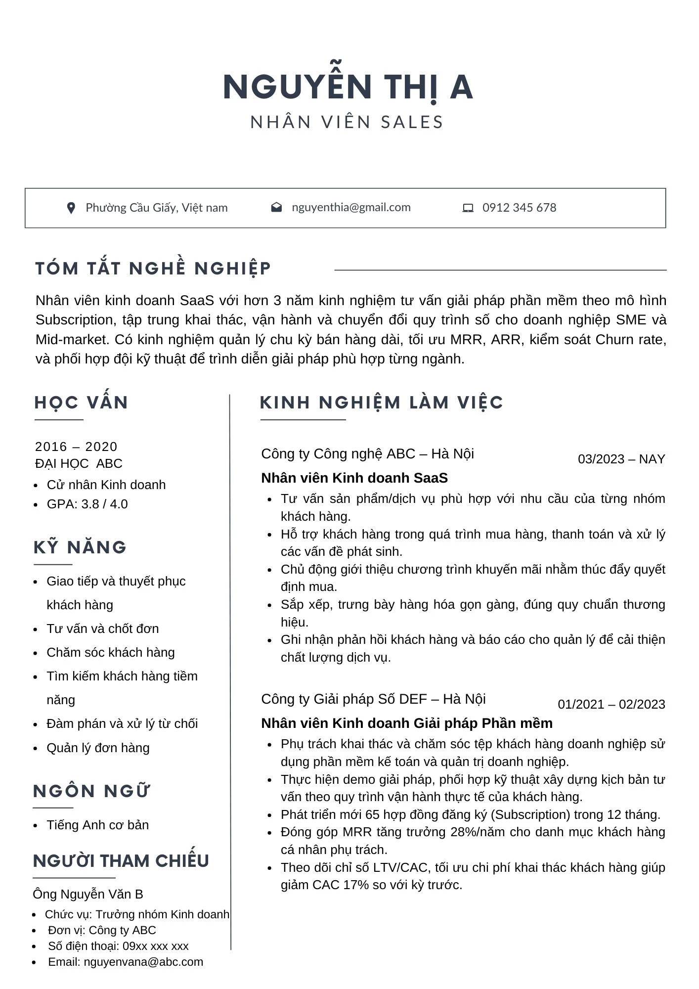 Mẫu CV nhân viên Sale Phần mềm/công nghệ (SaaS)