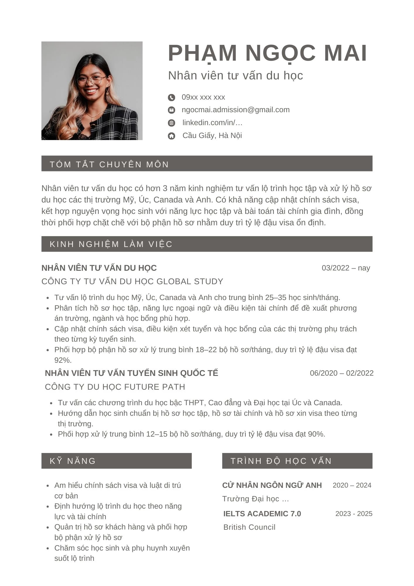 Mẫu CV nhân viên tư vấn tuyển sinh cho Công ty du học