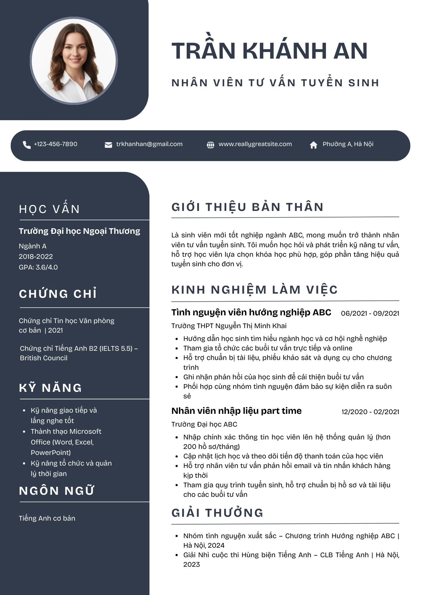 Mẫu CV nhân viên tư vấn tuyển sinh cho người chưa có kinh nghiệm