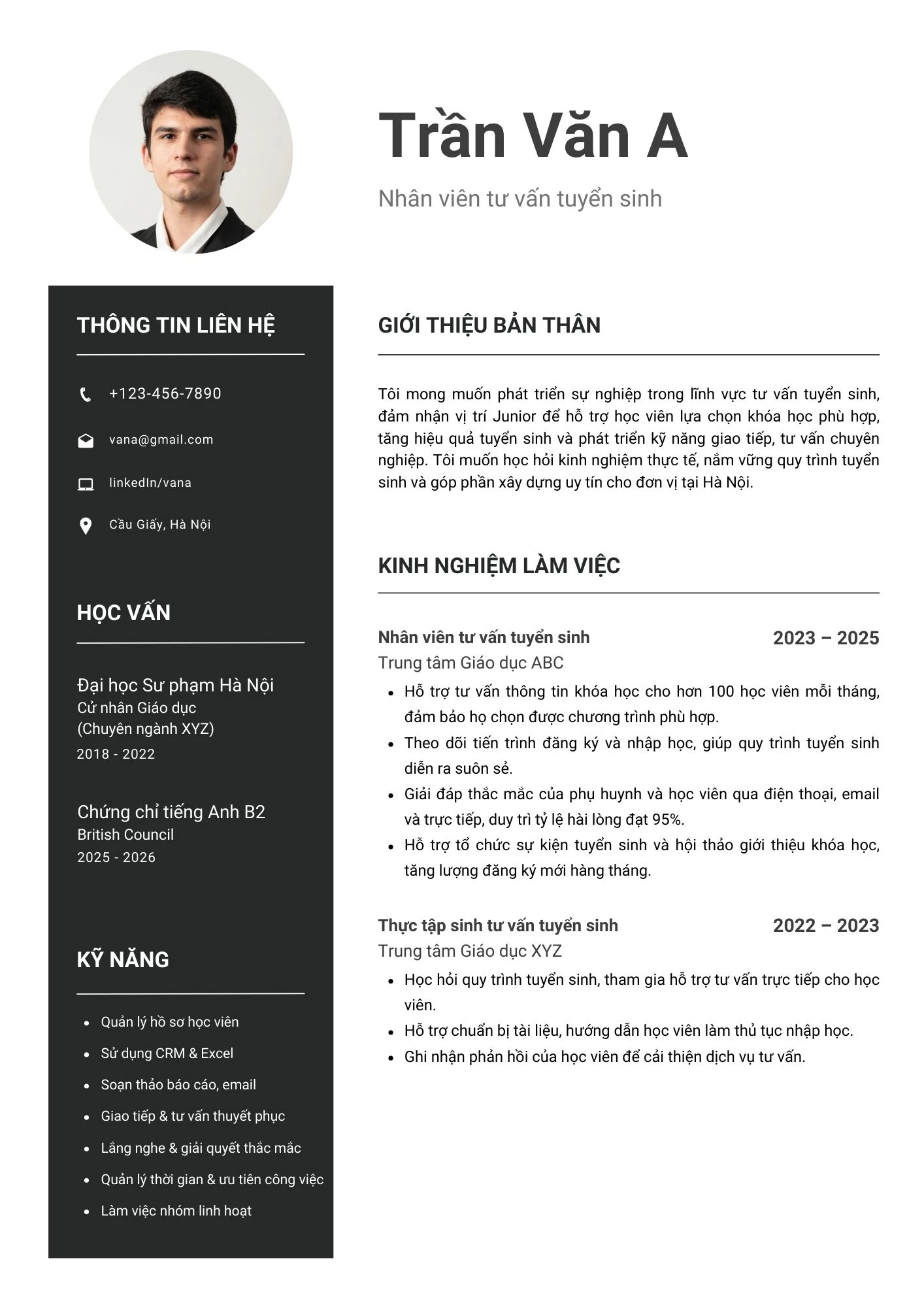 Mẫu CV nhân viên tư vấn tuyển sinh cho người có 1-3 năm kinh nghiệm