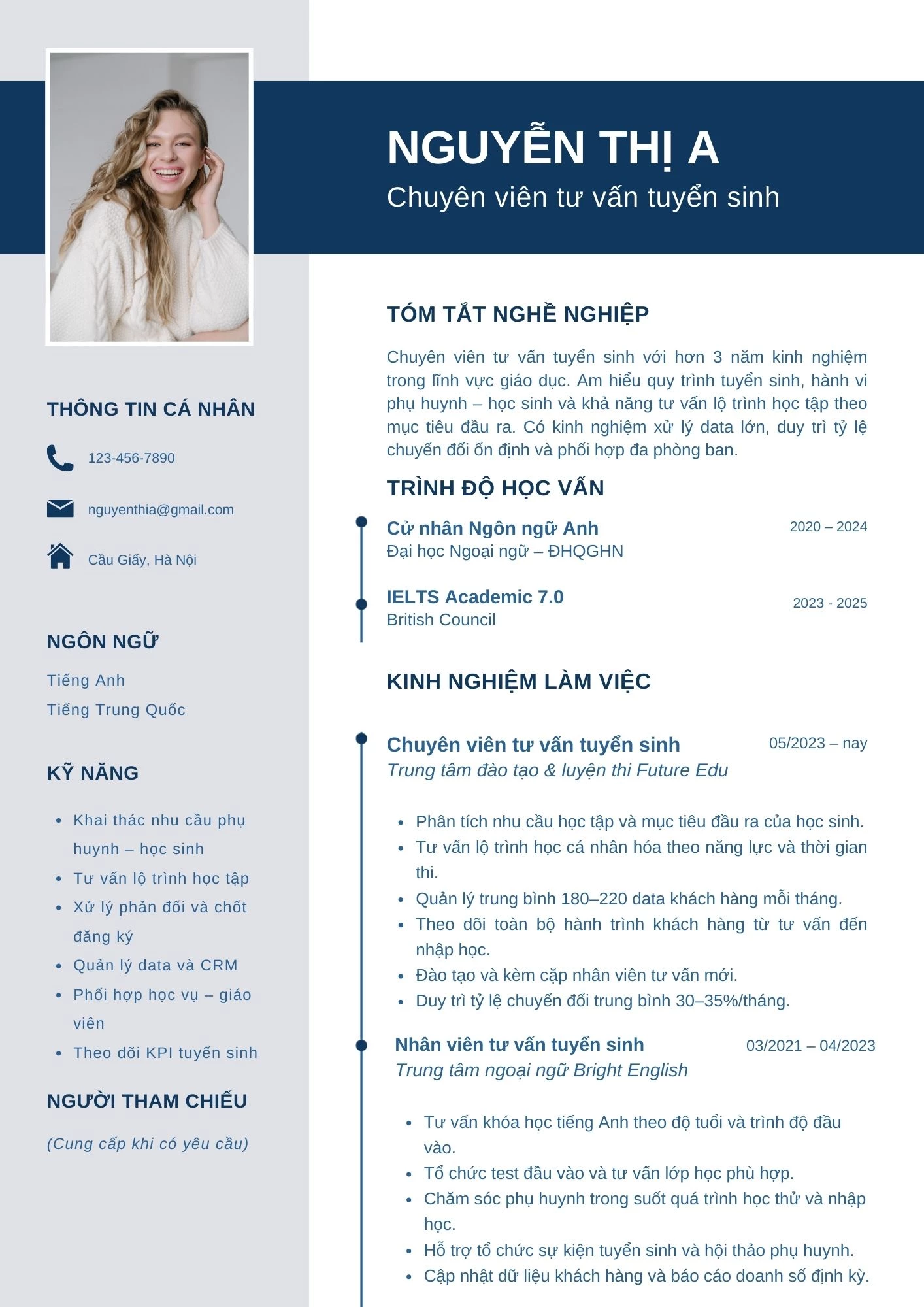 Mẫu CV nhân viên tư vấn tuyển sinh cho người trên 3 năm kinh nghiệm