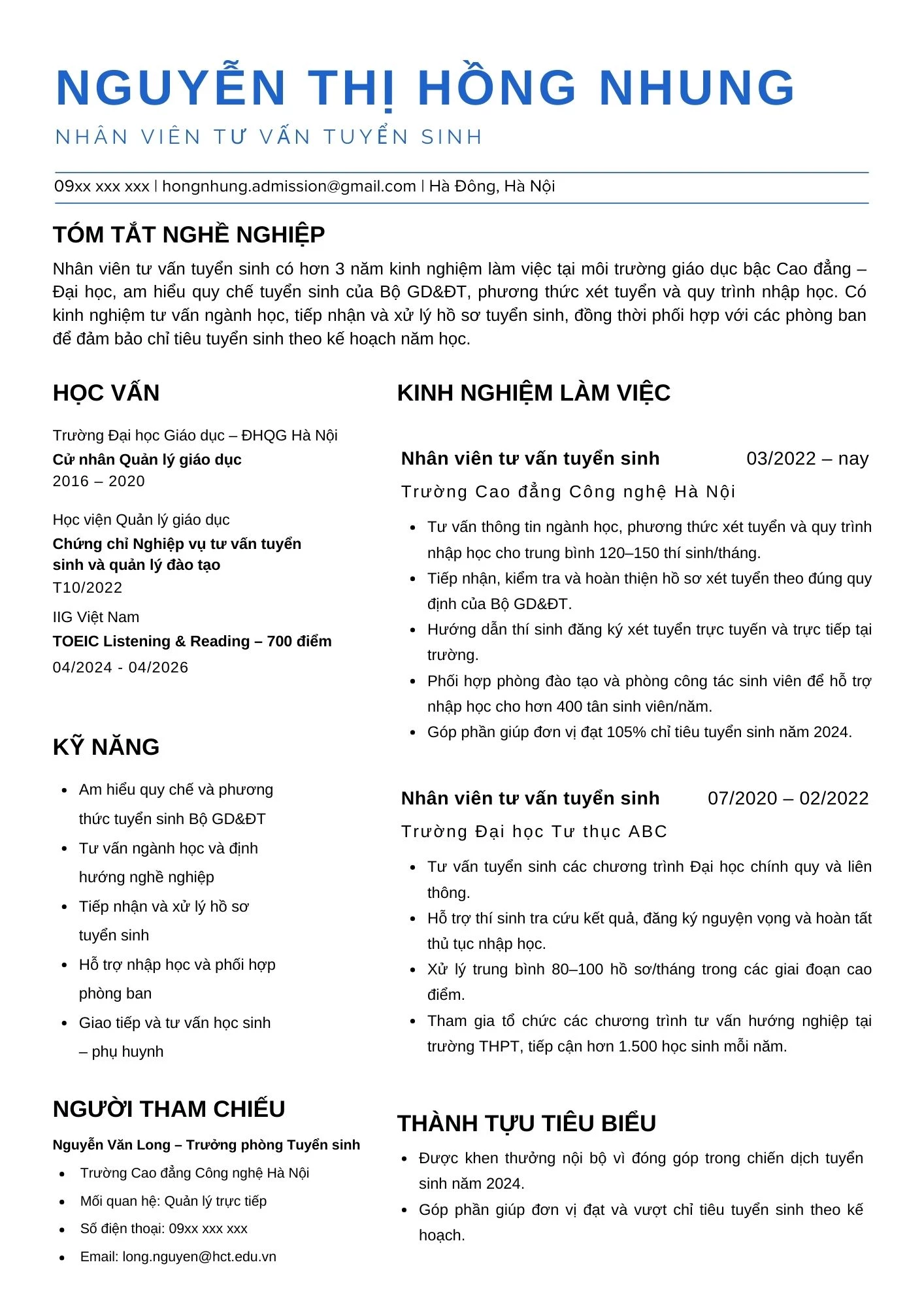 Mẫu CV nhân viên tư vấn tuyển sinh cho Trường Cao đẳng, Đại học