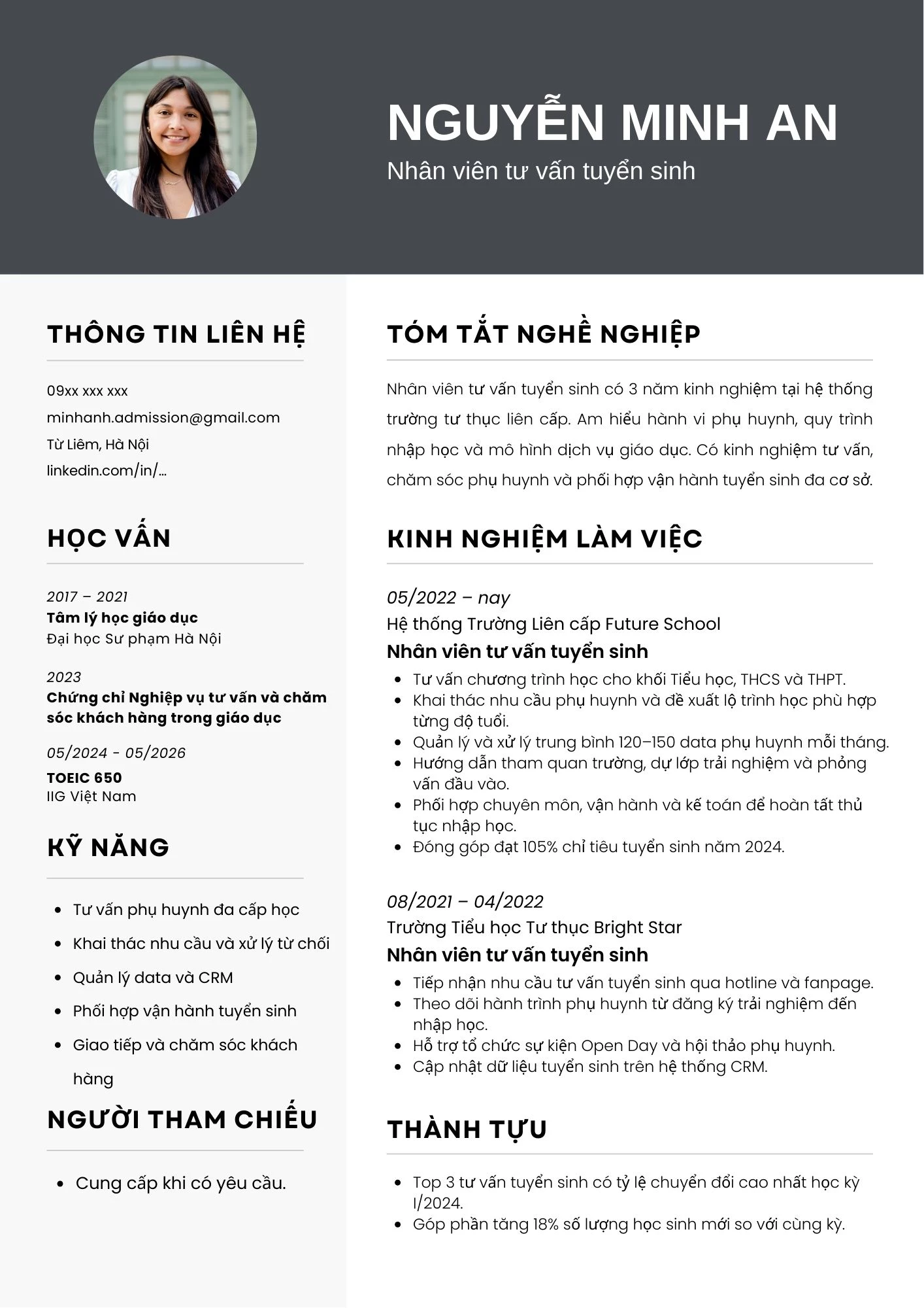 Mẫu CV nhân viên tư vấn tuyển sinh tại hệ thống Trường tư thục các cấp