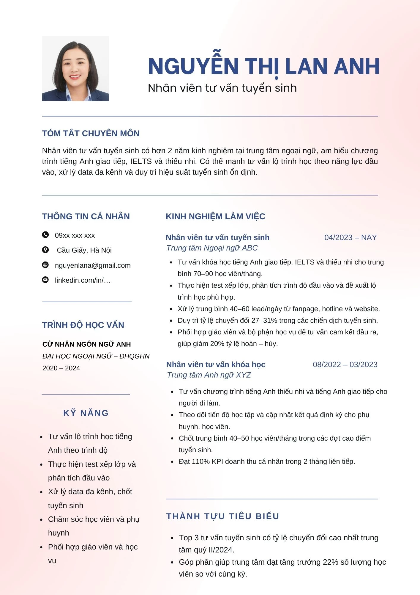 Mẫu CV nhân viên tư vấn tuyển sinh tại Trung tâm ngoại ngữ