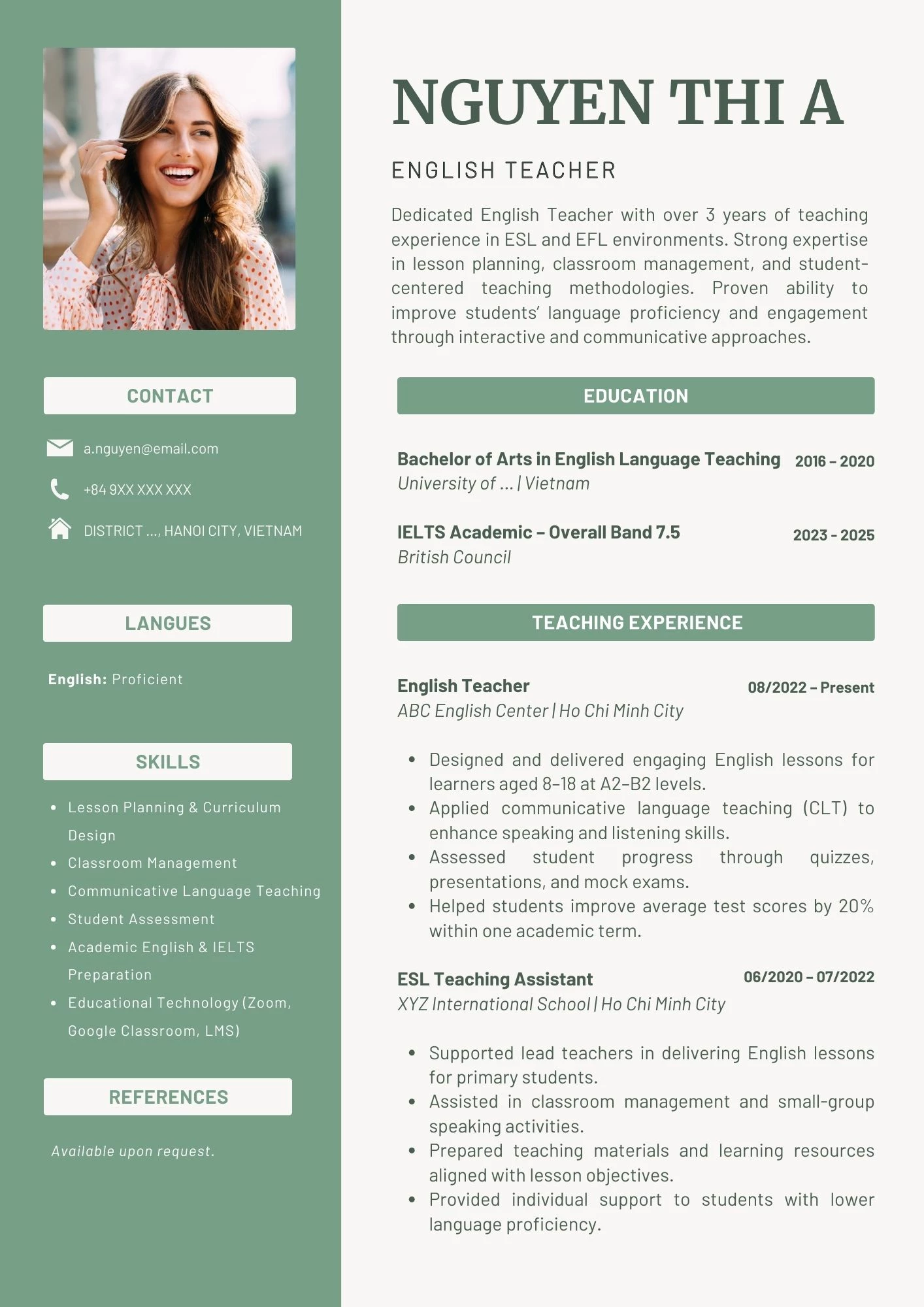 Mẫu CV tiếng Anh dành cho giáo viên tiếng Anh