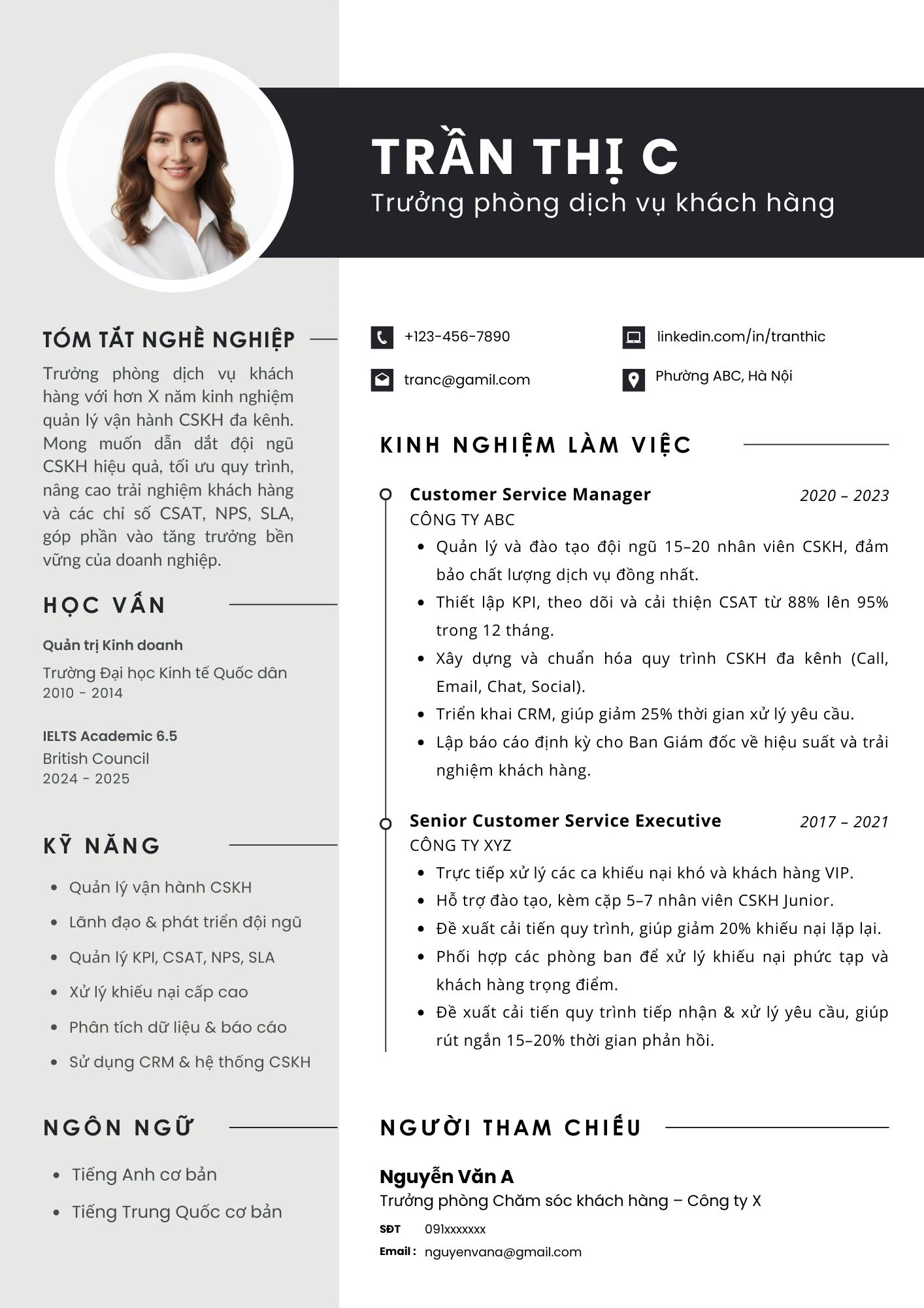 Mẫu CV dành cho Trưởng phòng dịch vụ khách hàng