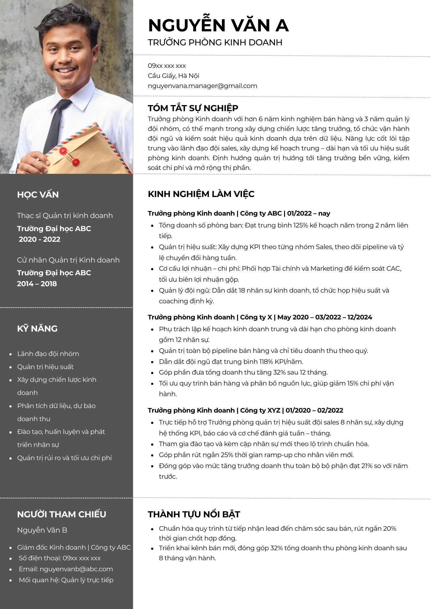 Mẫu CV dành cho Trưởng phòng Kinh doanh