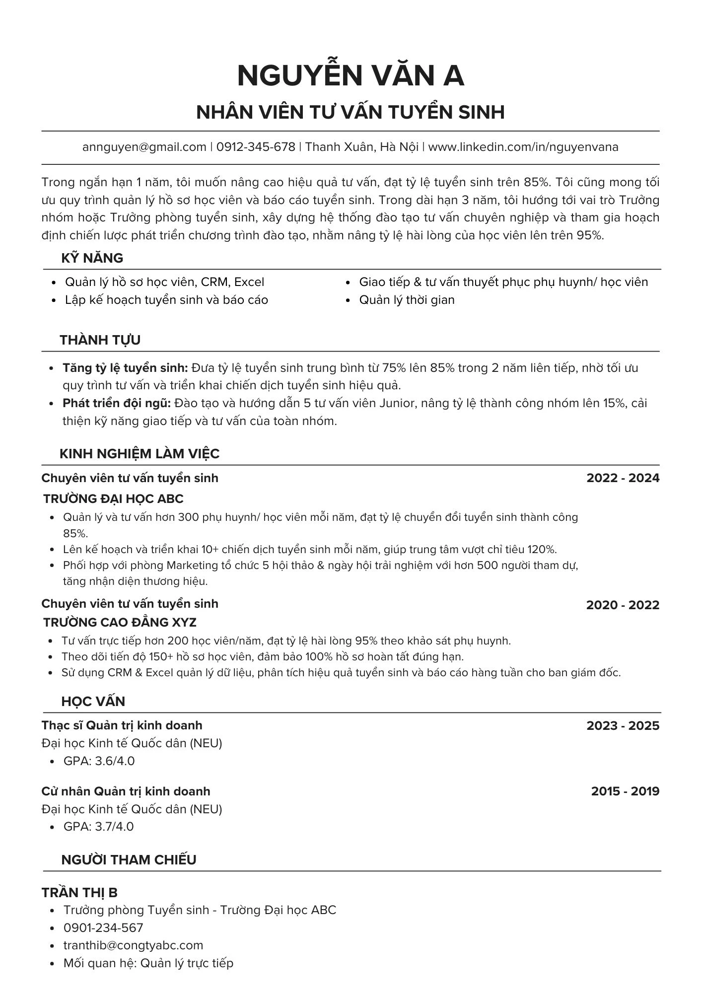 Mẫu CV Trưởng phòng tư vấn tuyển sinh