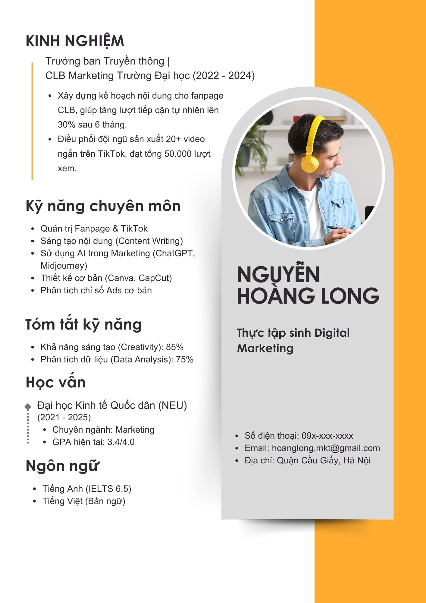 Mẫu CV Digital Marketing Intern thu hút cơ hội thực tập